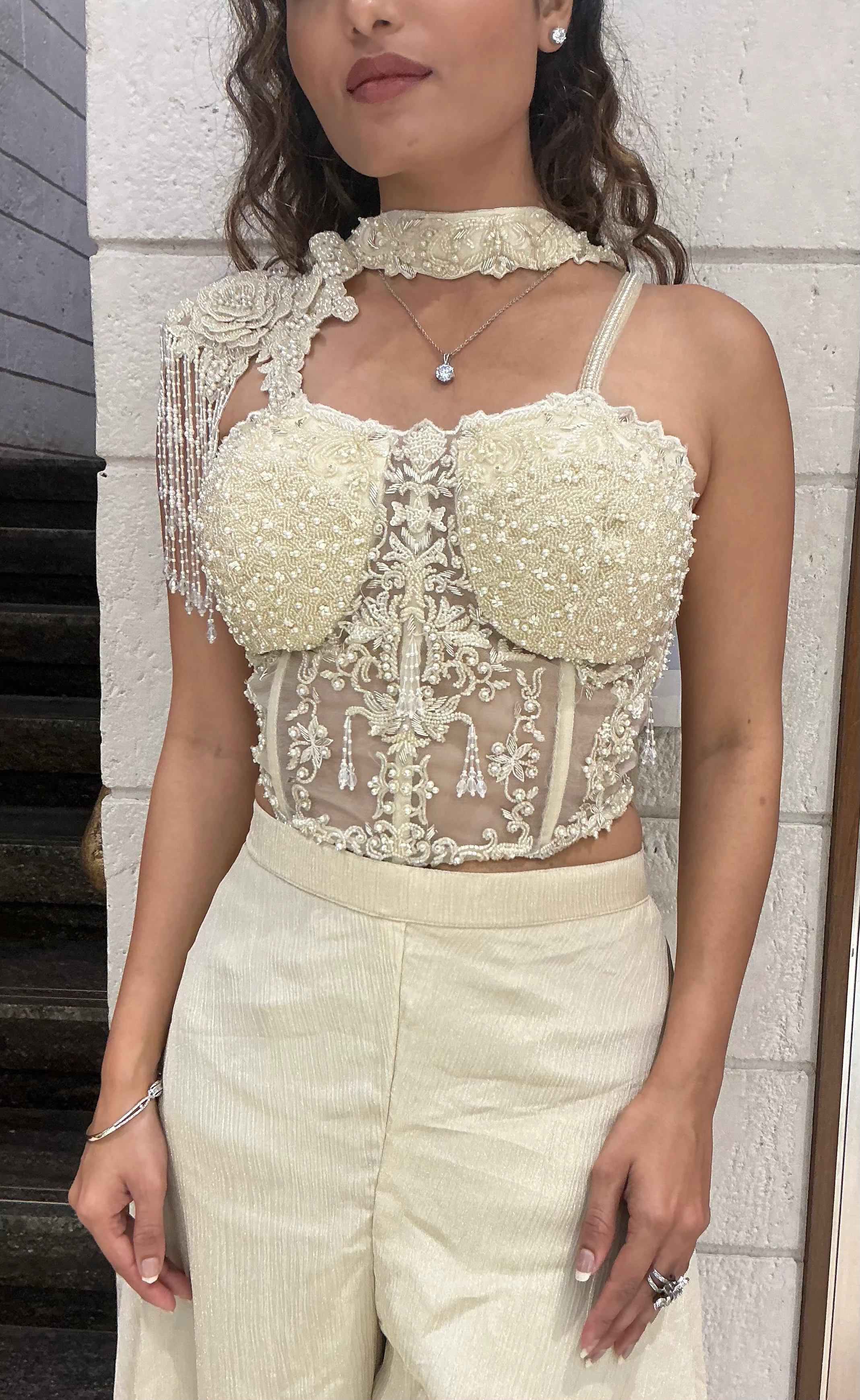 Ivory Embellished Indo-Western Palazzo Set with Designer Top - Image 2