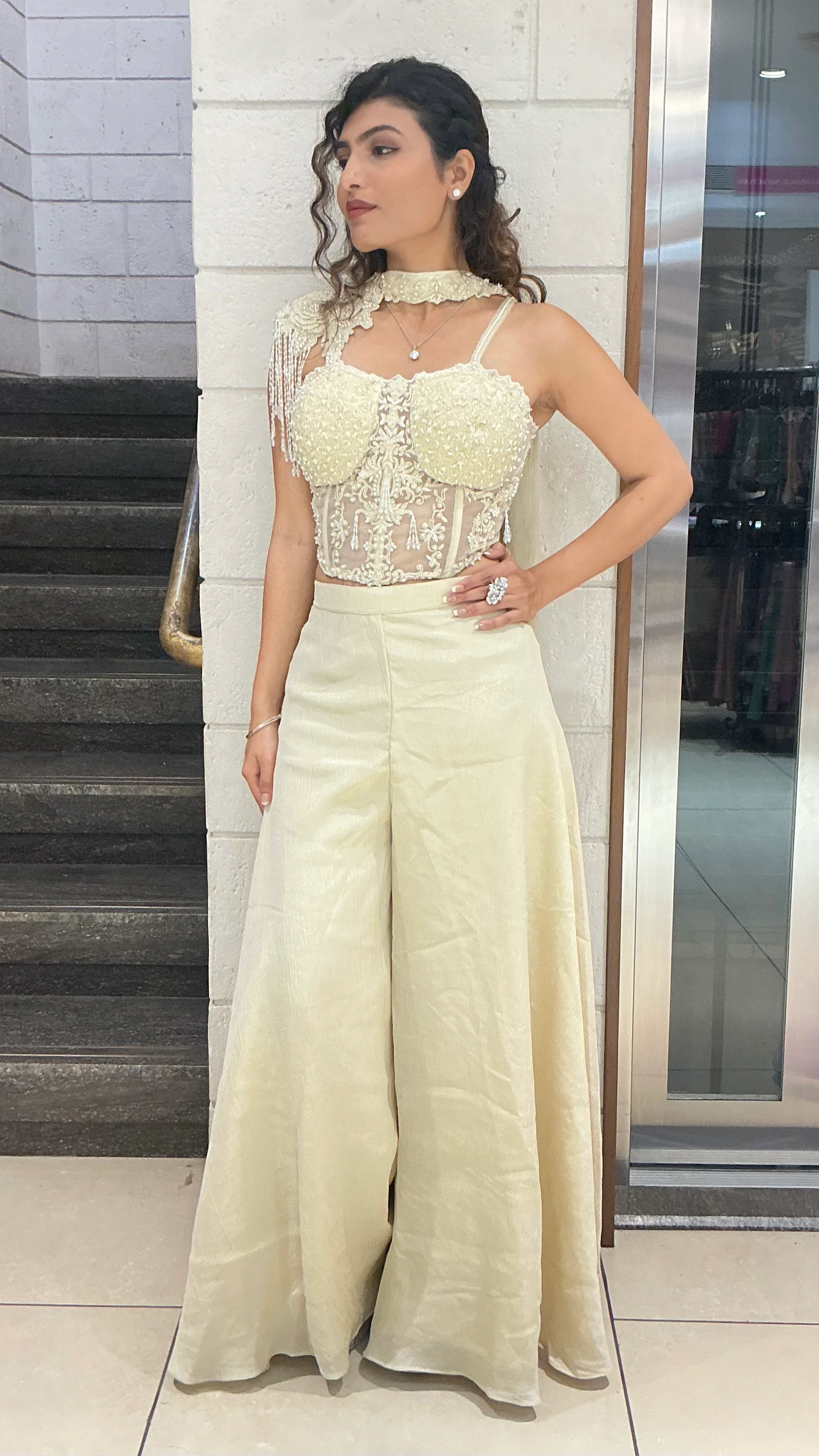 Ivory Embellished Indo-Western Palazzo Set with Designer Top - Image 3
