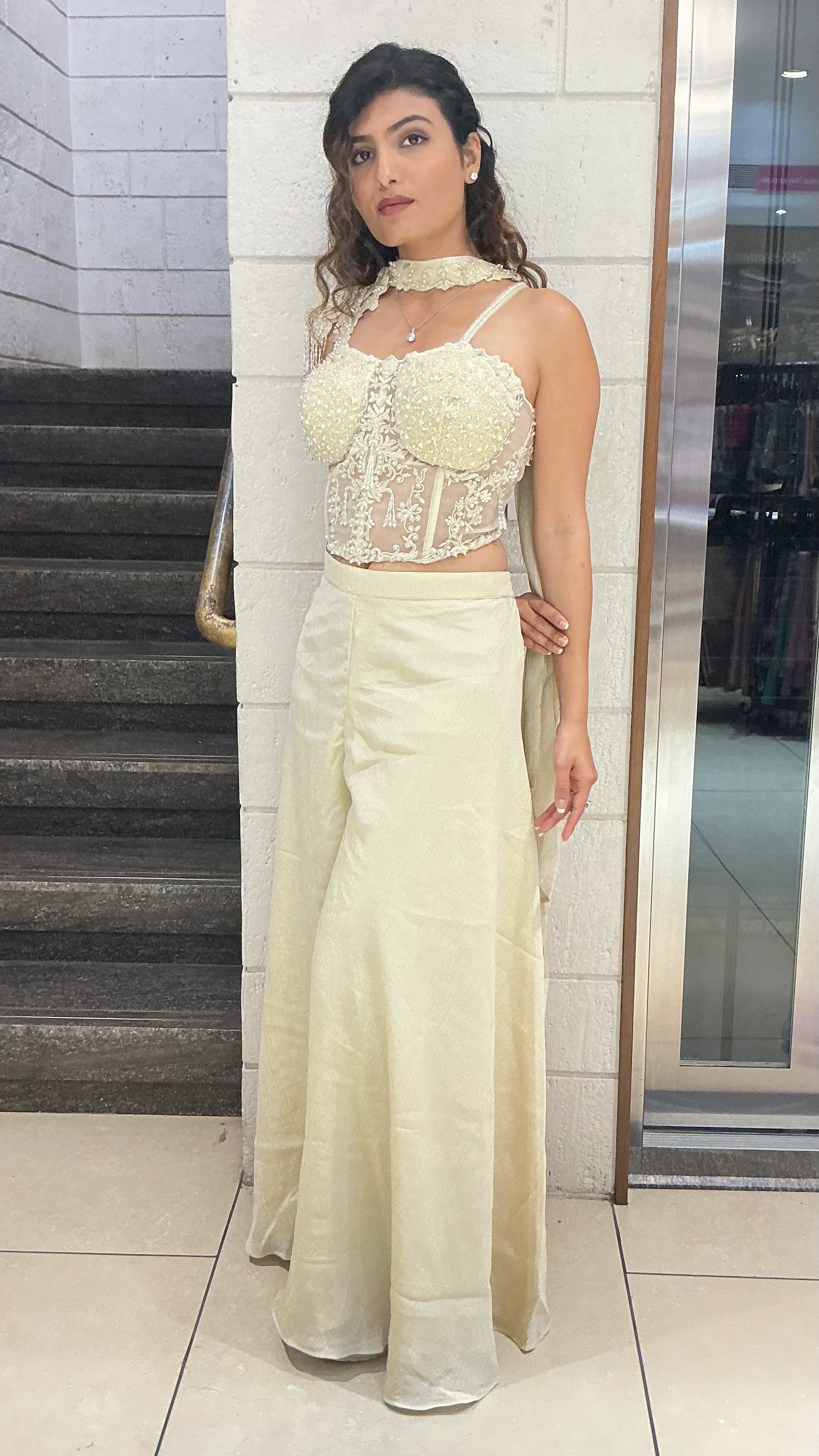 Ivory Embellished Indo-Western Palazzo Set with Designer Top - Image 4