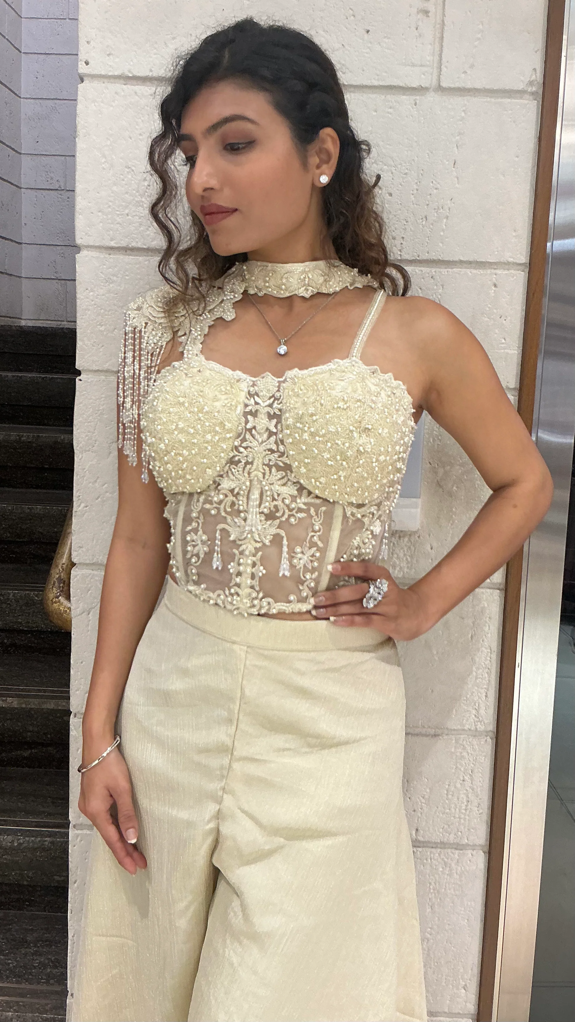 Ivory Embellished Indo-Western Palazzo Set with Designer Top - Image 5