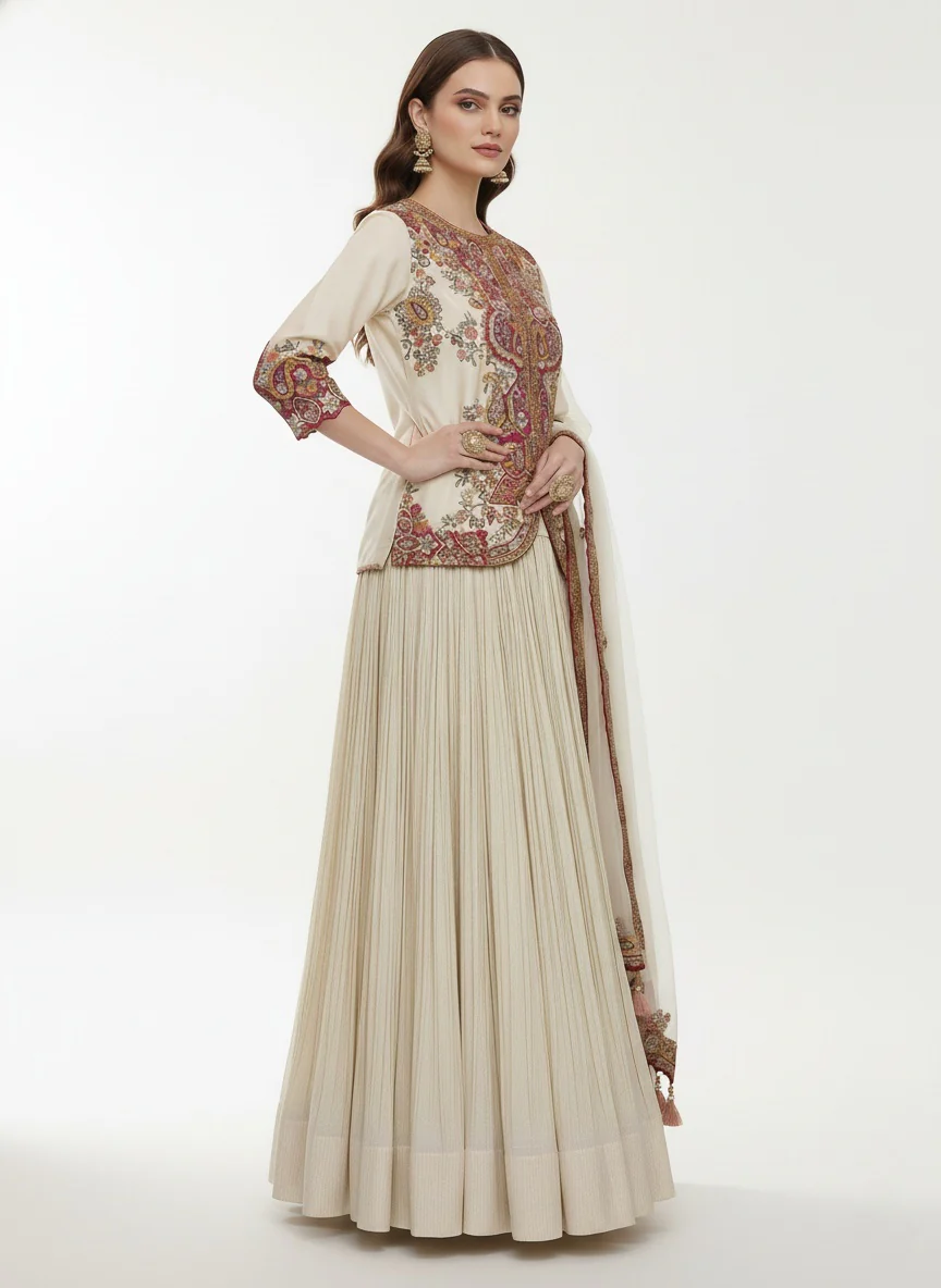 Ivory Embroidered Top with Pleated Lehenga & Dupatta Set - Image 3