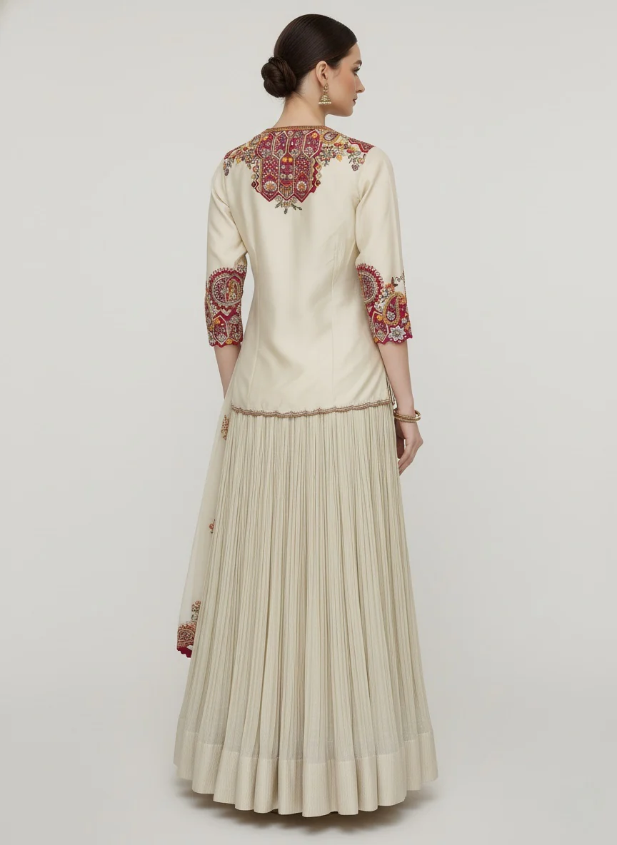 Ivory Embroidered Top with Pleated Lehenga & Dupatta Set - Image 4