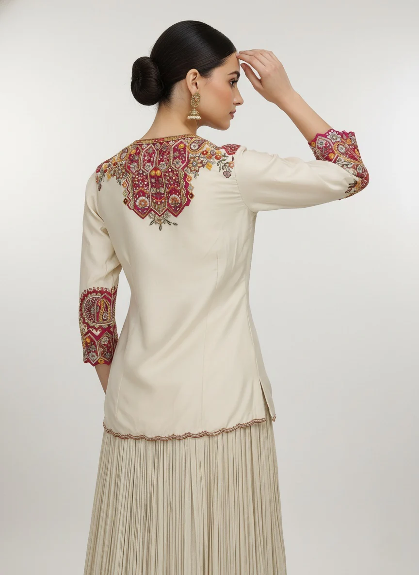 Ivory Embroidered Top with Pleated Lehenga & Dupatta Set - Image 5