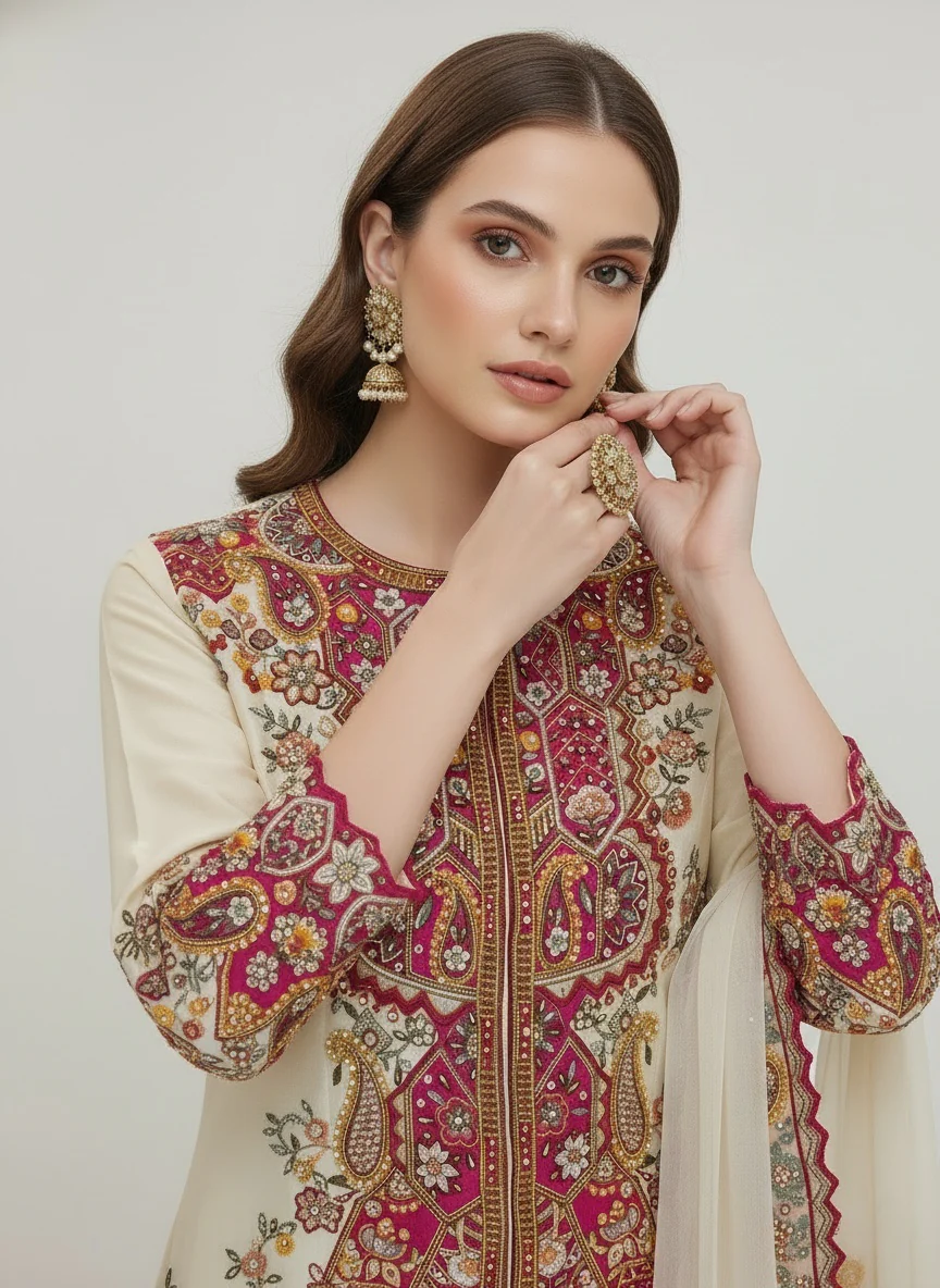 Ivory Embroidered Top with Pleated Lehenga & Dupatta Set - Image 7