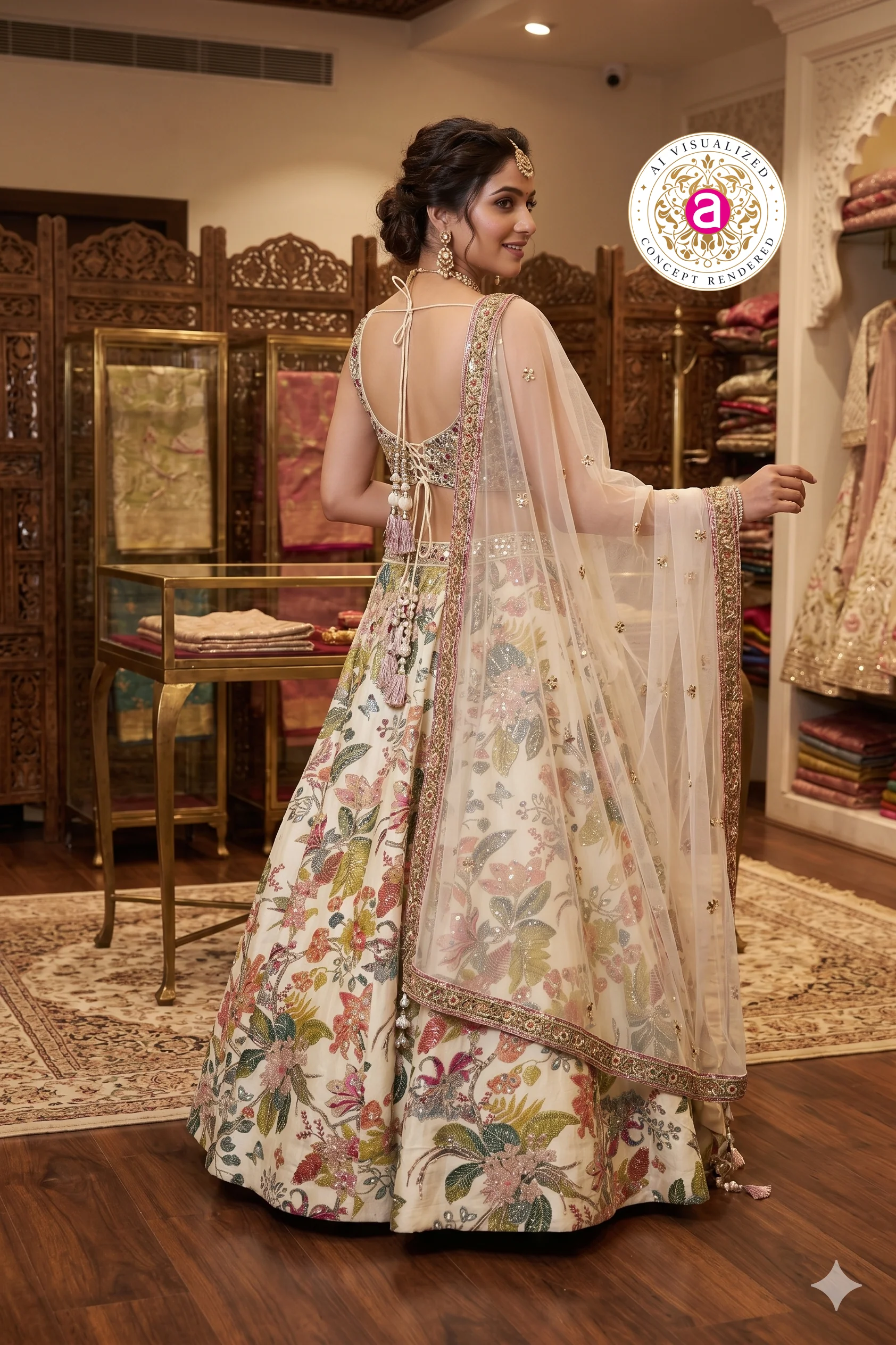 Ivory Floral Designer Lehenga Set with Embellished Blouse & Soft Dupatta - Image 2
