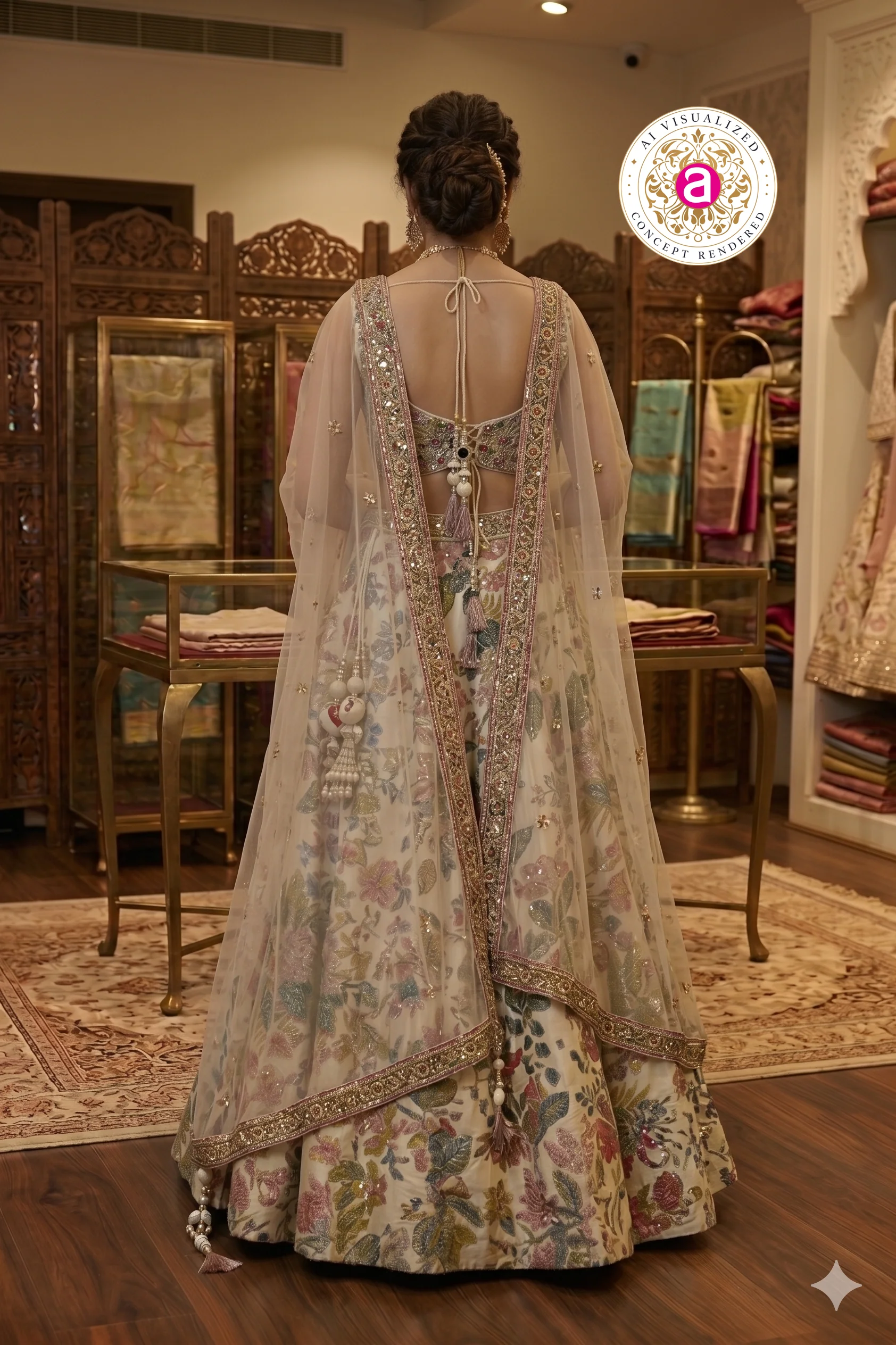 Ivory Floral Designer Lehenga Set with Embellished Blouse & Soft Dupatta - Image 3