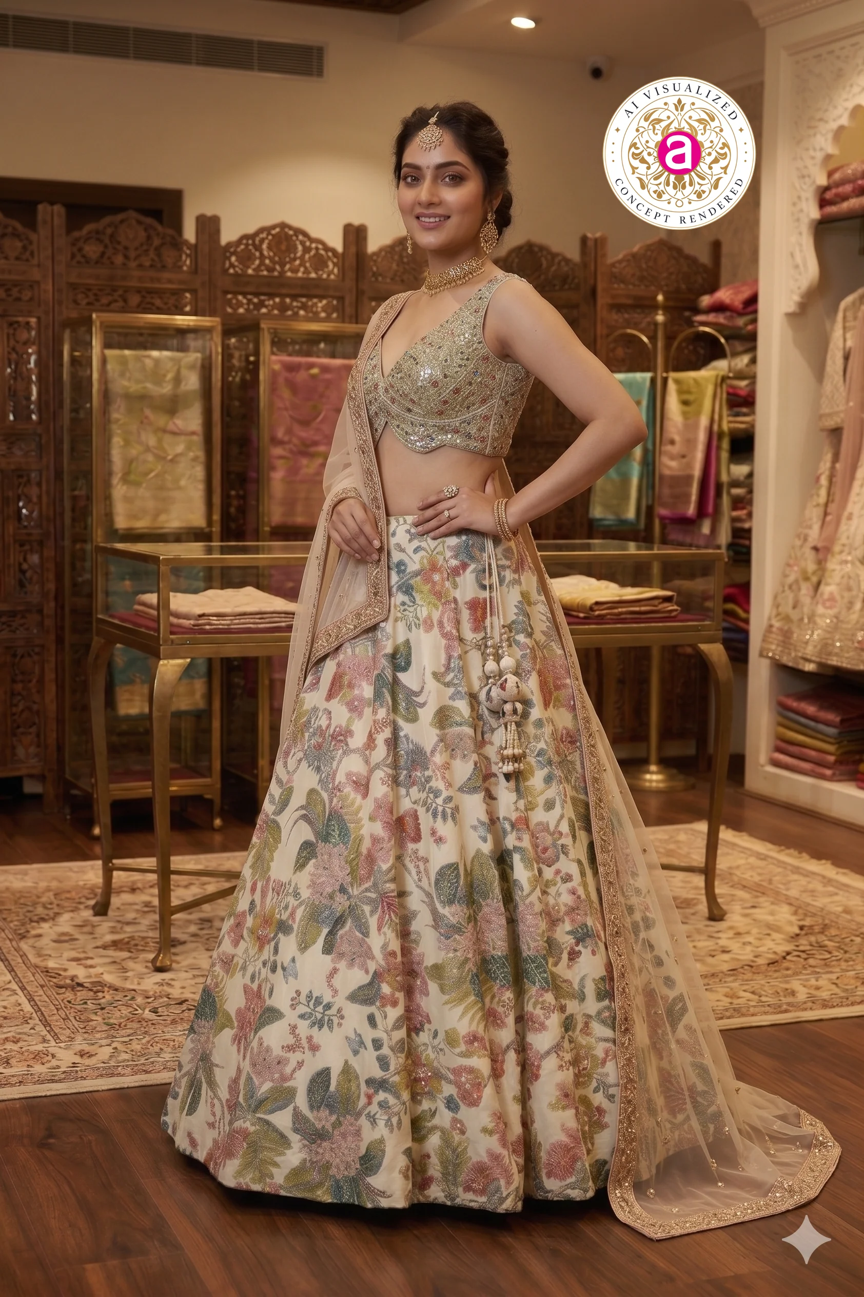 Ivory Floral Designer Lehenga Set with Embellished Blouse & Soft Dupatta - Image 4