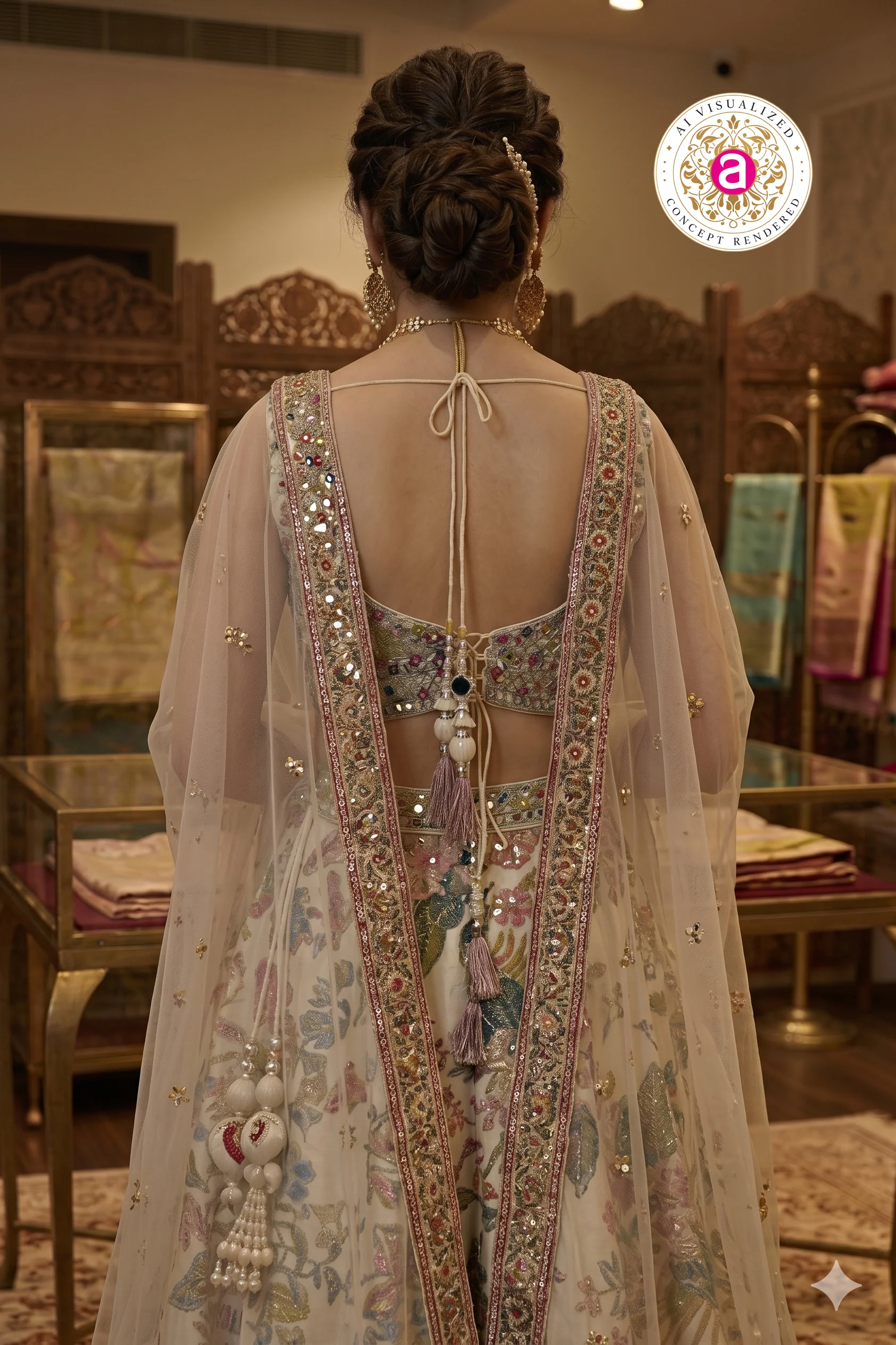 Ivory Floral Designer Lehenga Set with Embellished Blouse & Soft Dupatta - Image 5