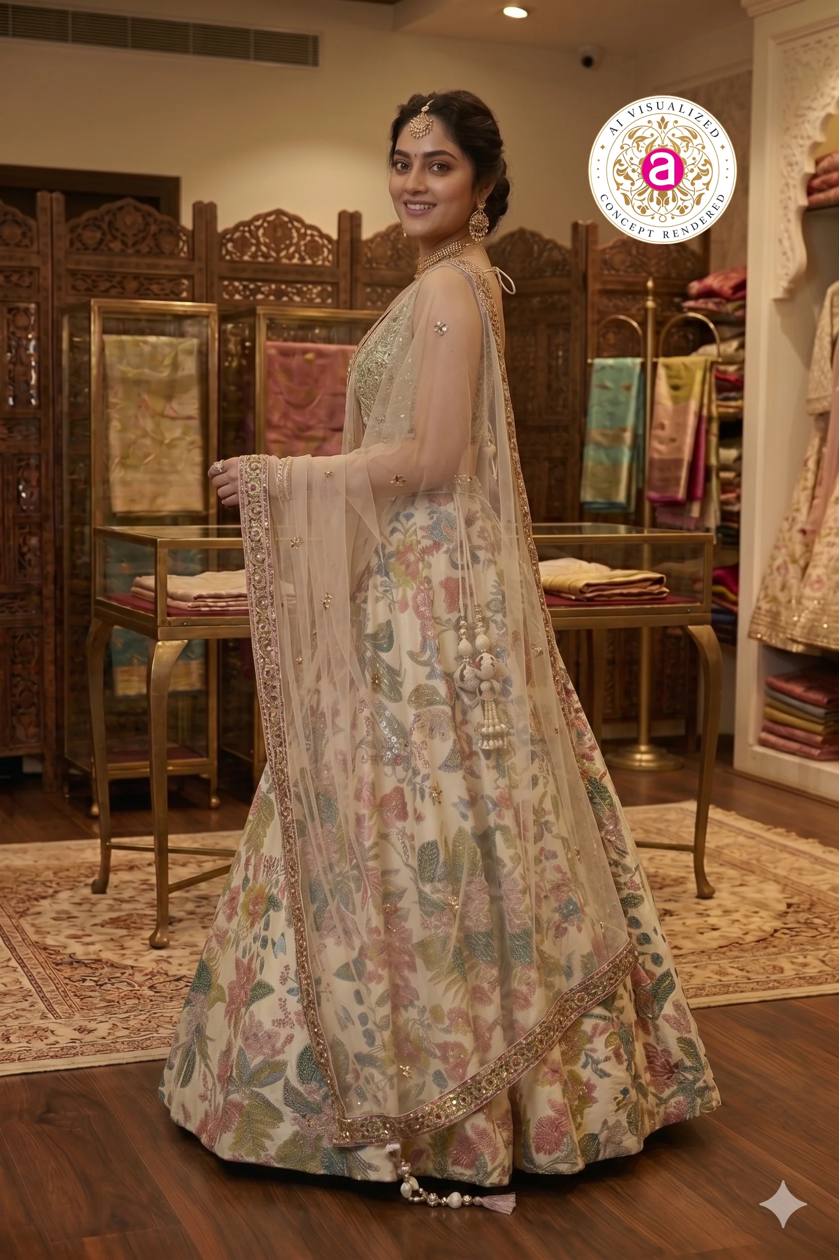 Ivory Floral Designer Lehenga Set with Embellished Blouse & Soft Dupatta - Image 6