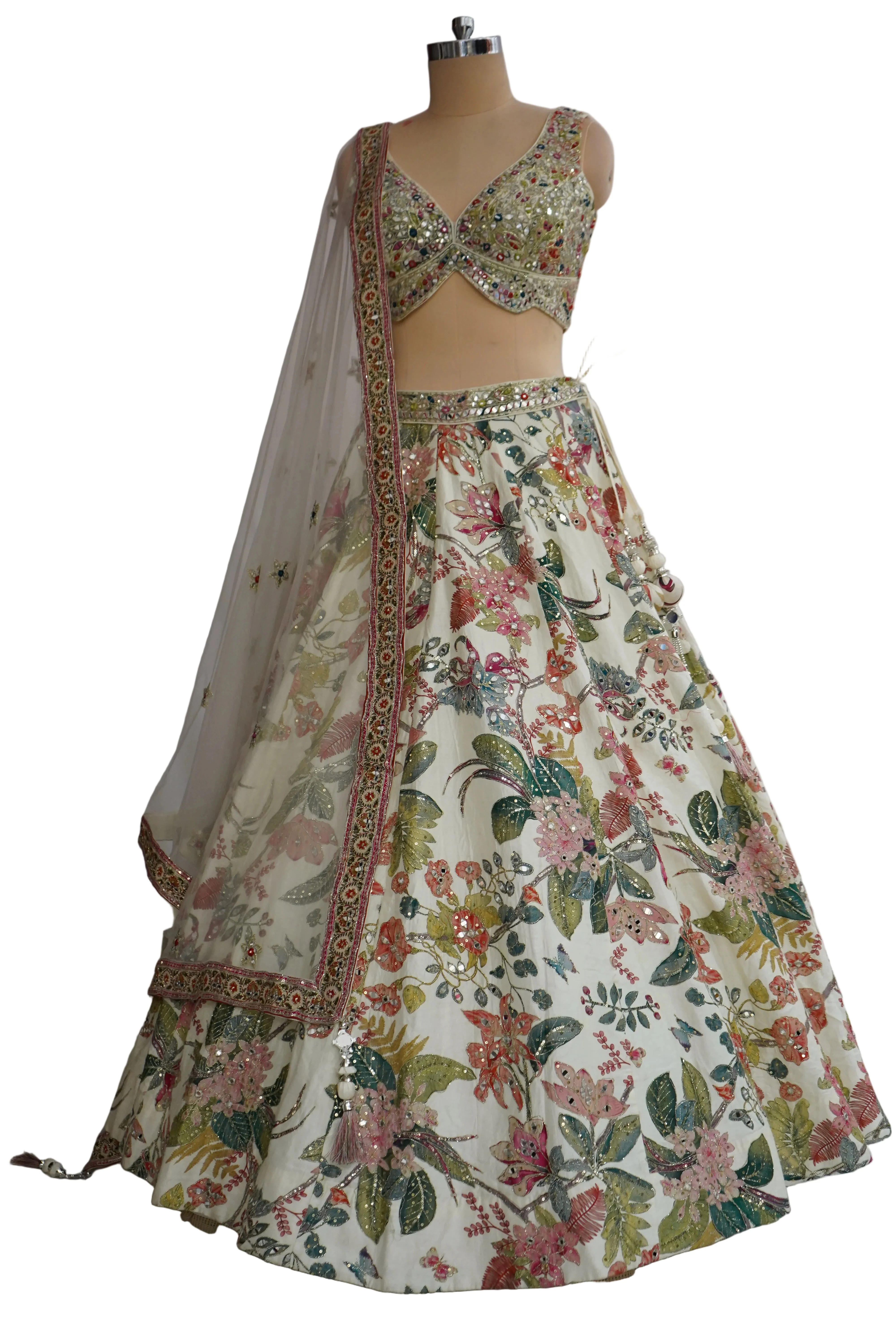 Ivory Floral Designer Lehenga Set with Embellished Blouse & Soft Dupatta - Image 7