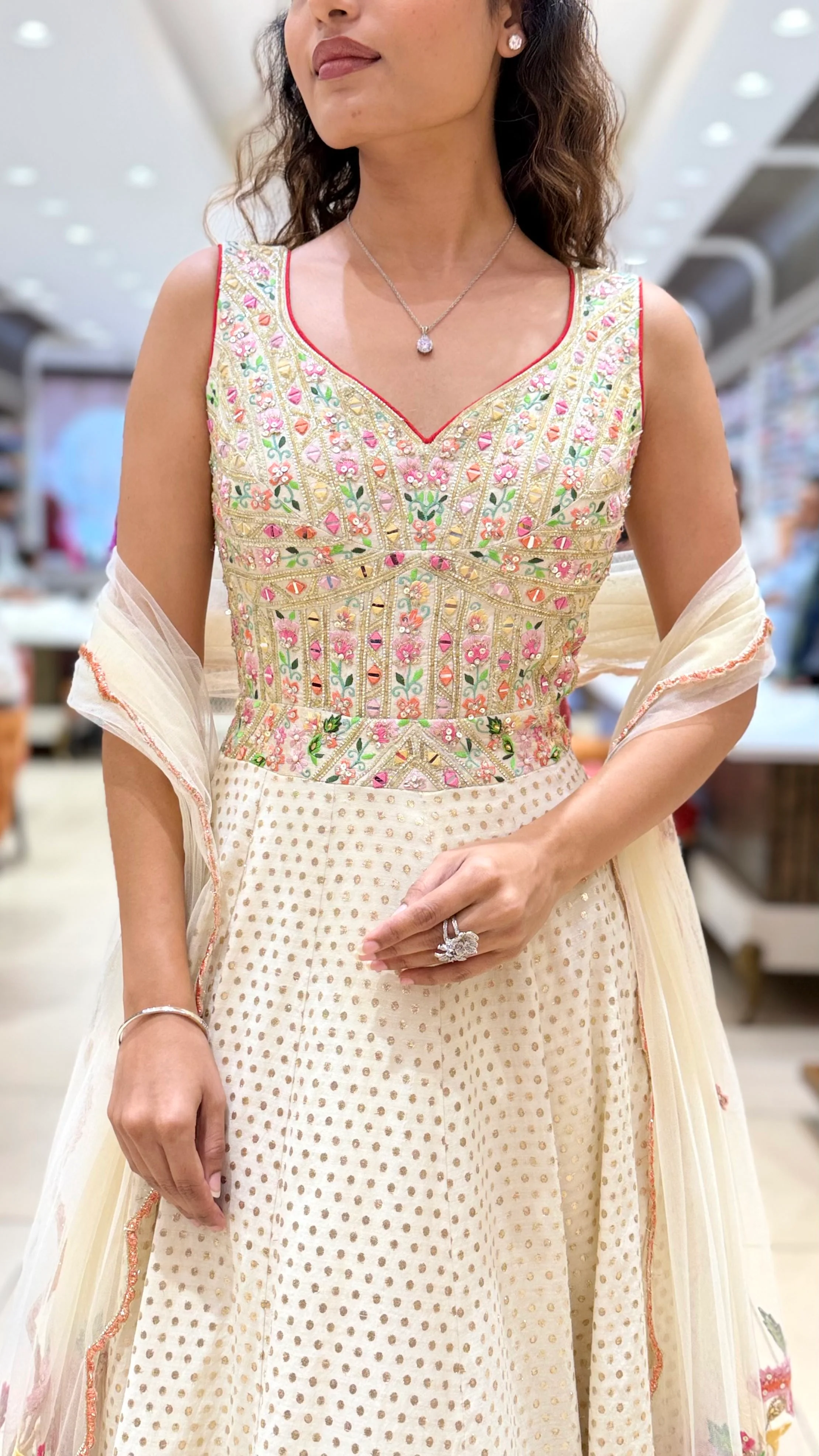 Ivory Floral Embroidered Designer Lehenga Set with Dupatta - Image 2