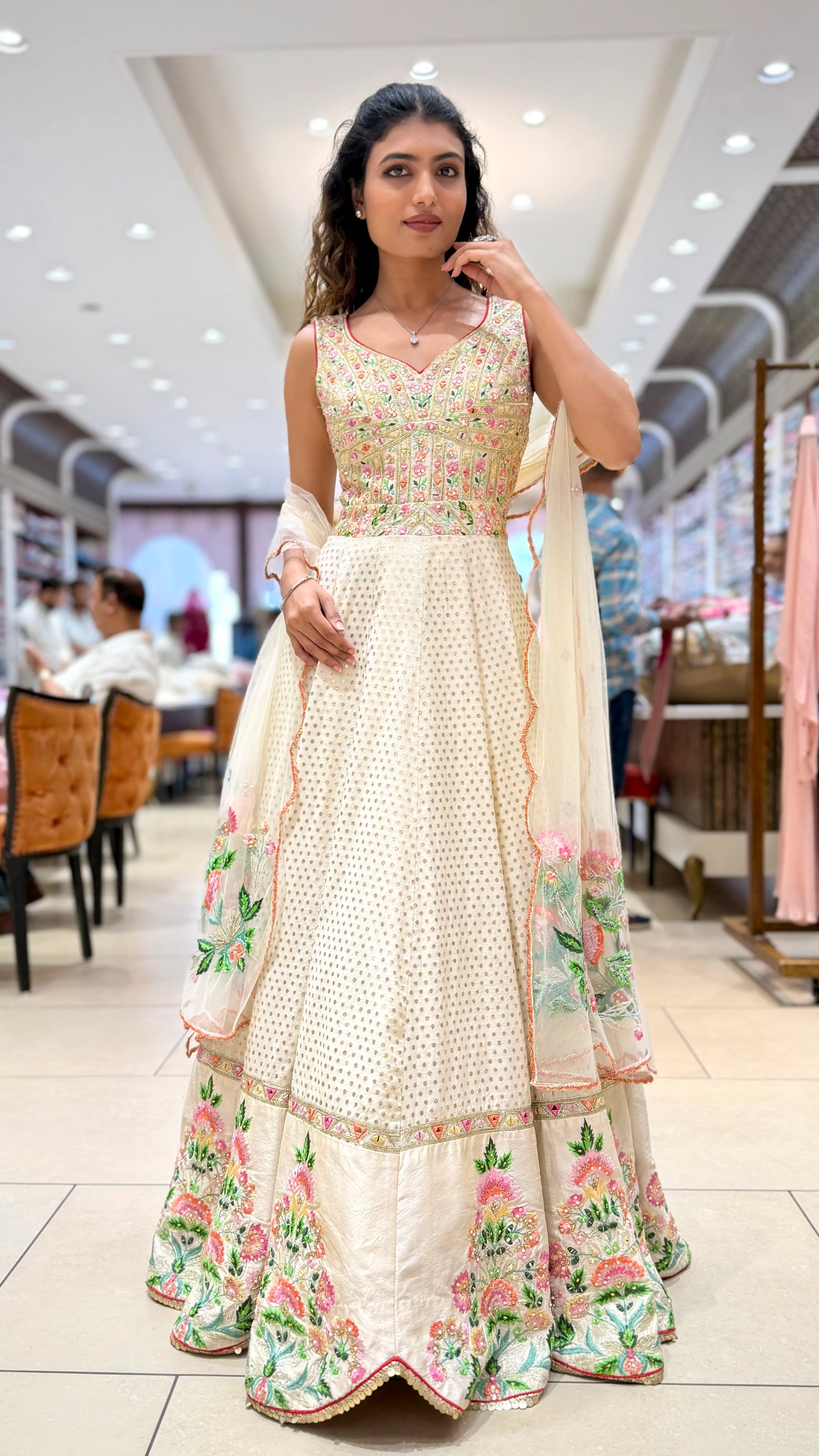 Ivory Floral Embroidered Designer Lehenga Set with Dupatta - Image 4