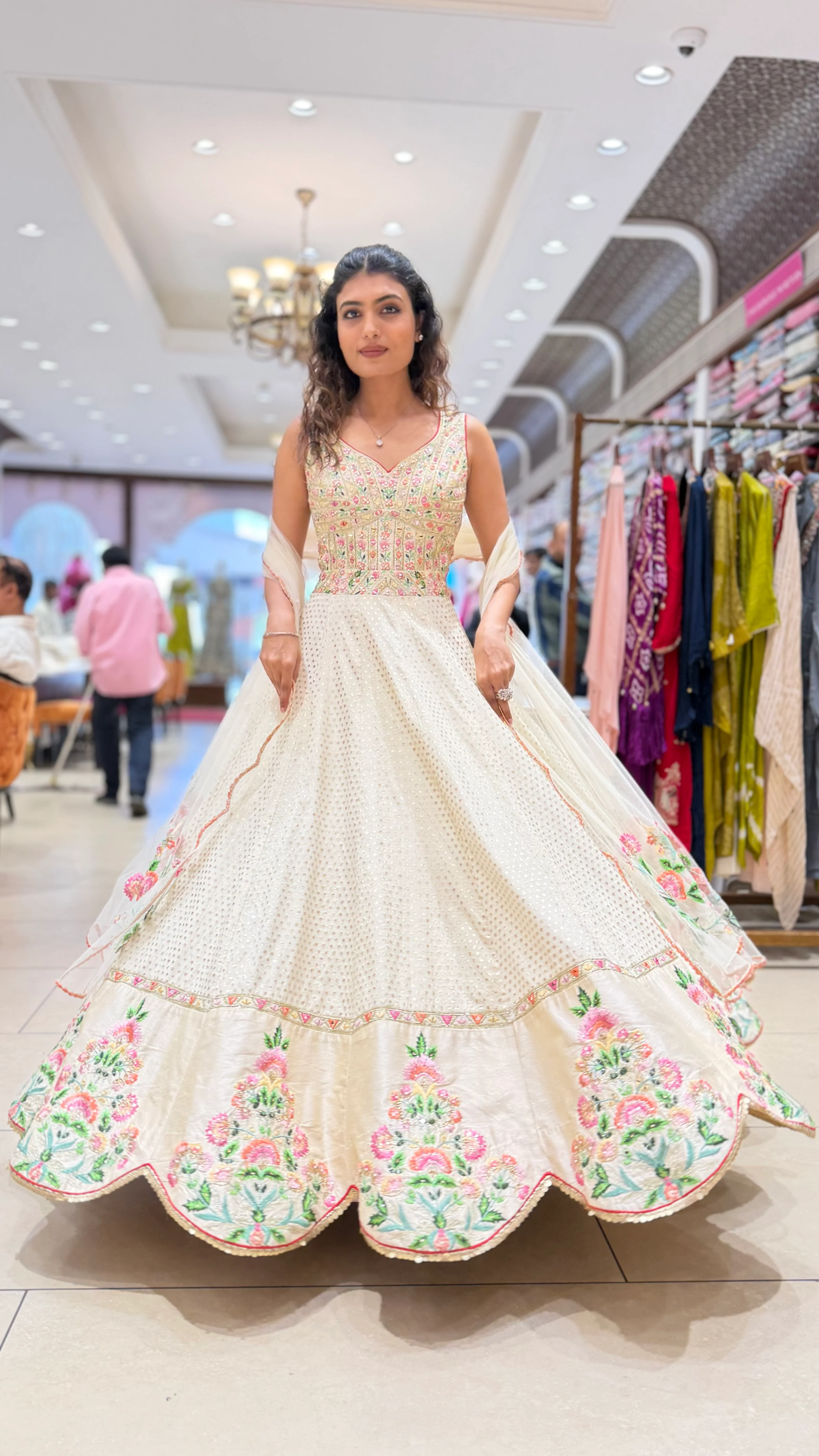 Ivory Floral Embroidered Designer Lehenga Set with Dupatta - Image 5