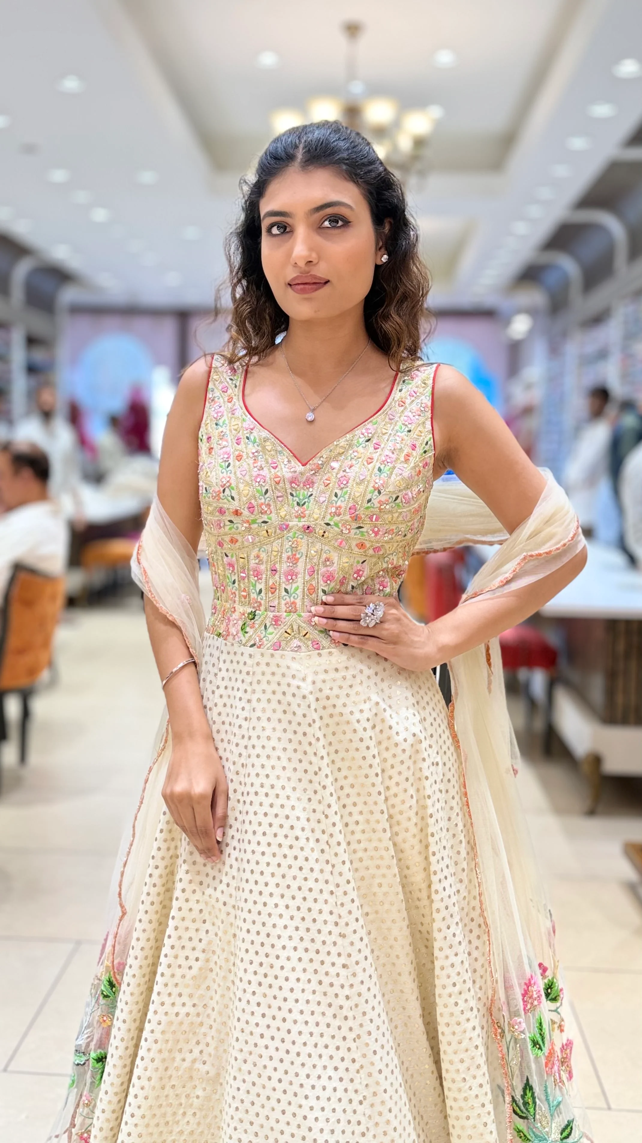 Ivory Floral Embroidered Designer Lehenga Set with Dupatta - Image 7