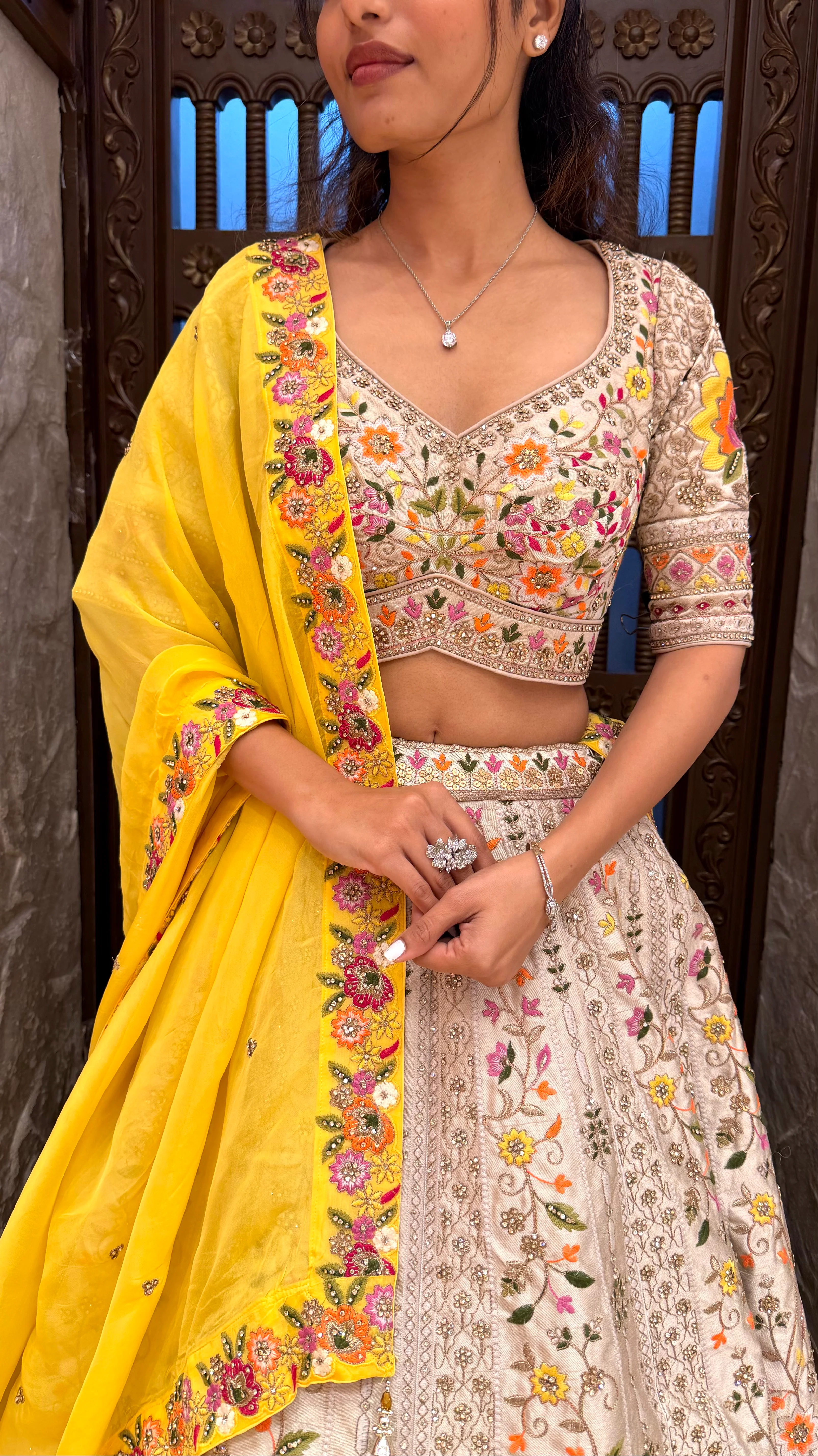 Ivory Floral Embroidered Lehenga Set with Yellow Dupatta - Image 2
