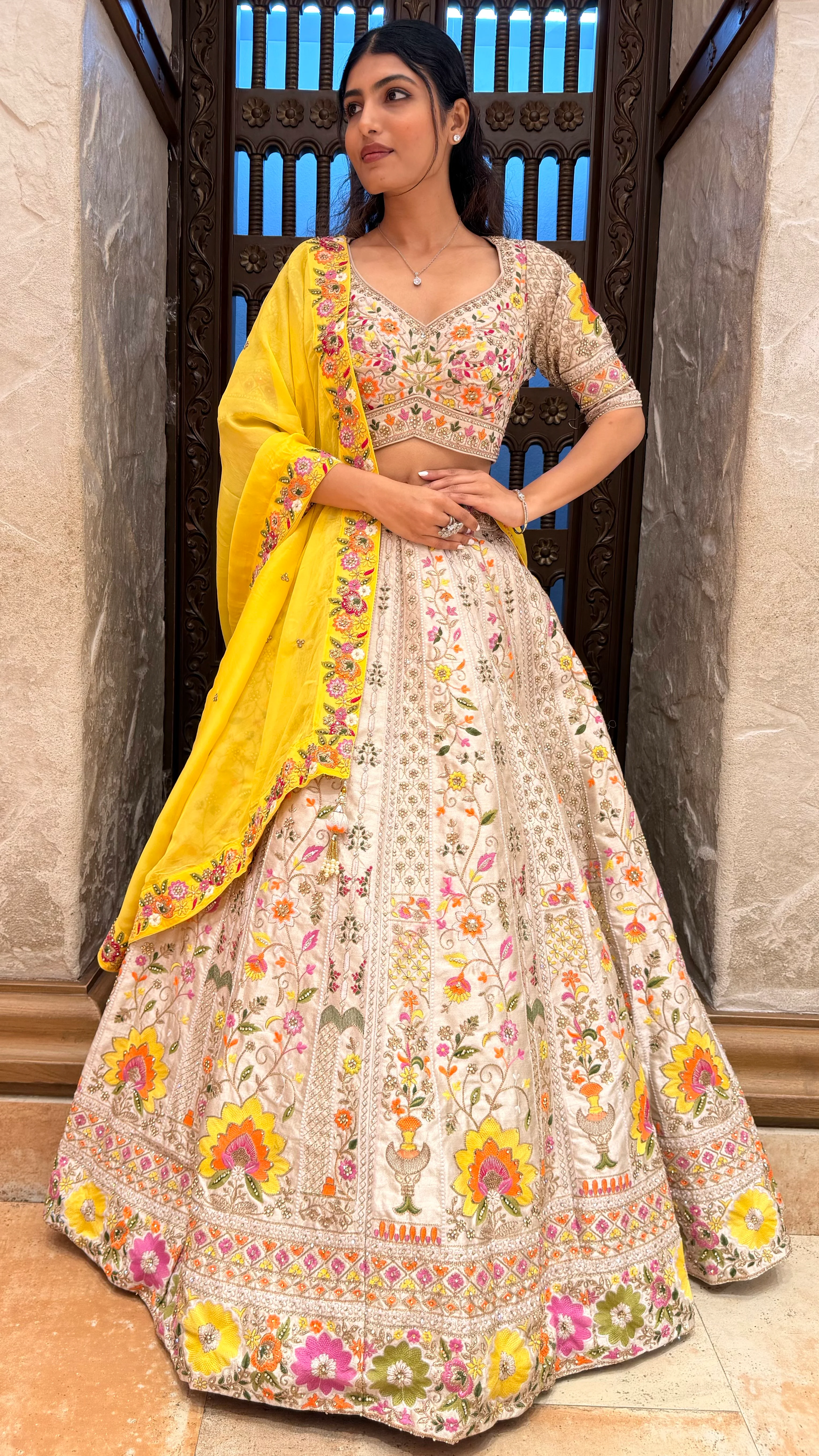 Ivory Floral Embroidered Lehenga Set with Yellow Dupatta - Image 3