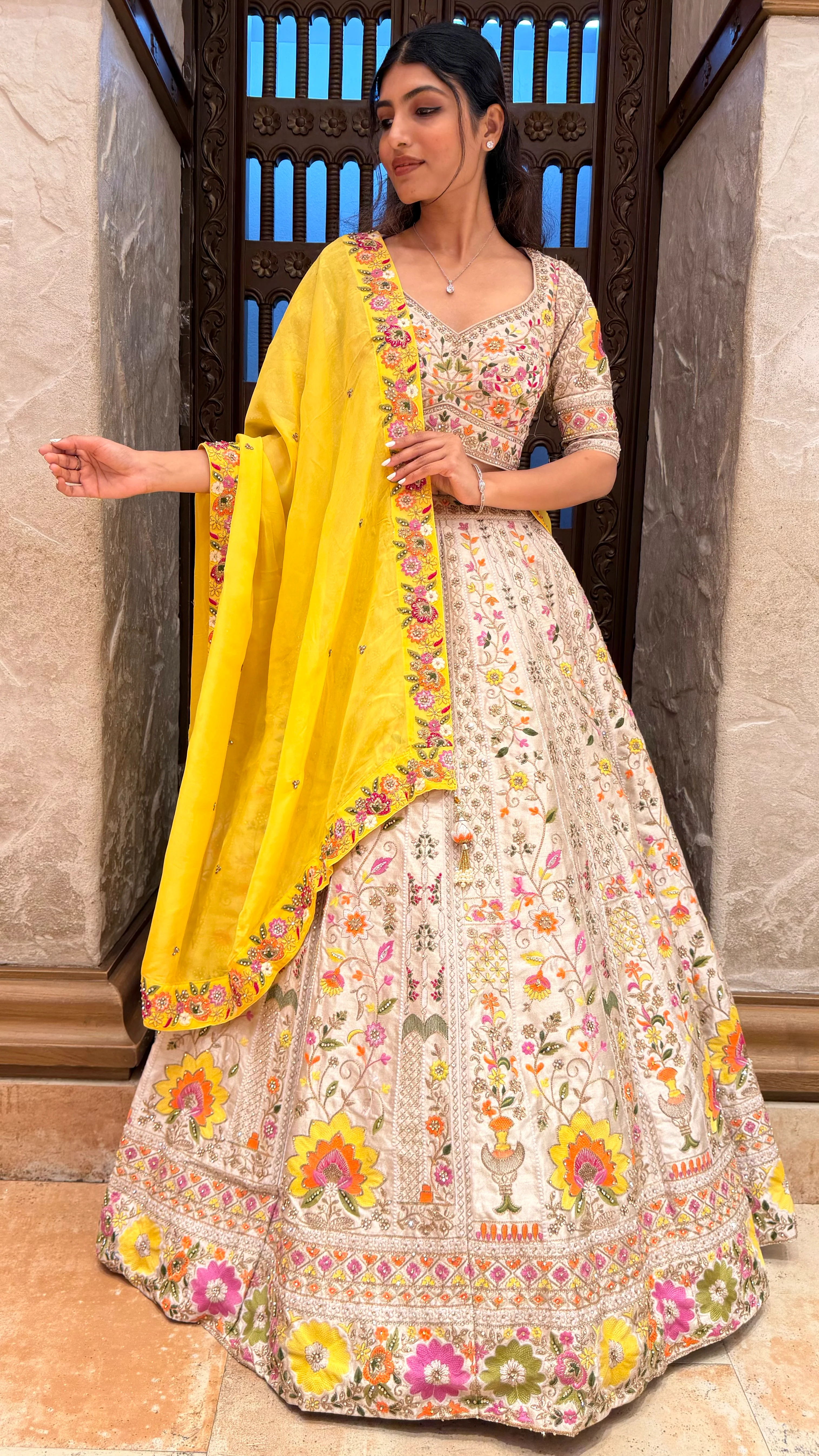 Ivory Floral Embroidered Lehenga Set with Yellow Dupatta - Image 4