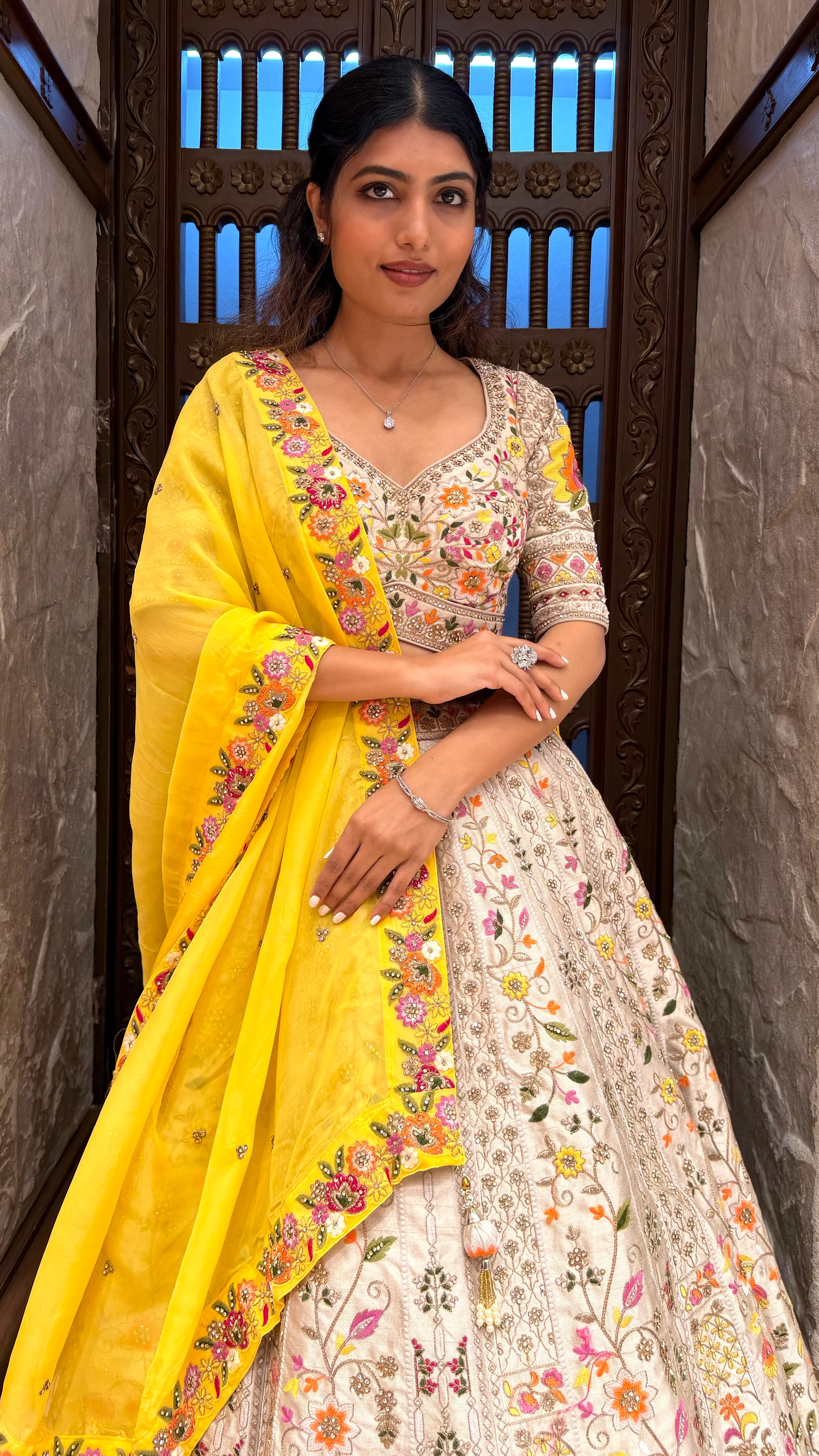 Ivory Floral Embroidered Lehenga Set with Yellow Dupatta - Image 5