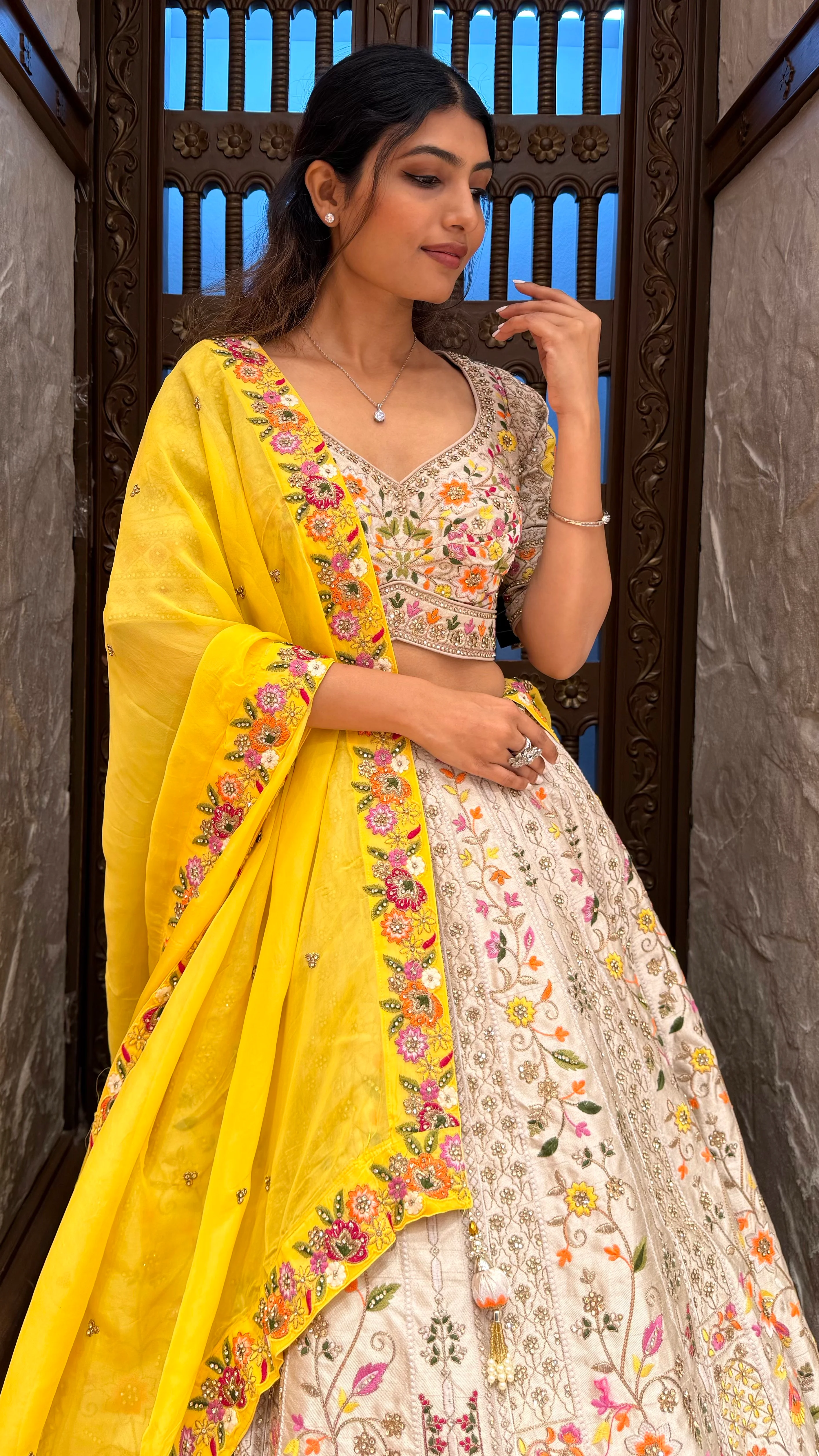 Ivory Floral Embroidered Lehenga Set with Yellow Dupatta - Image 6