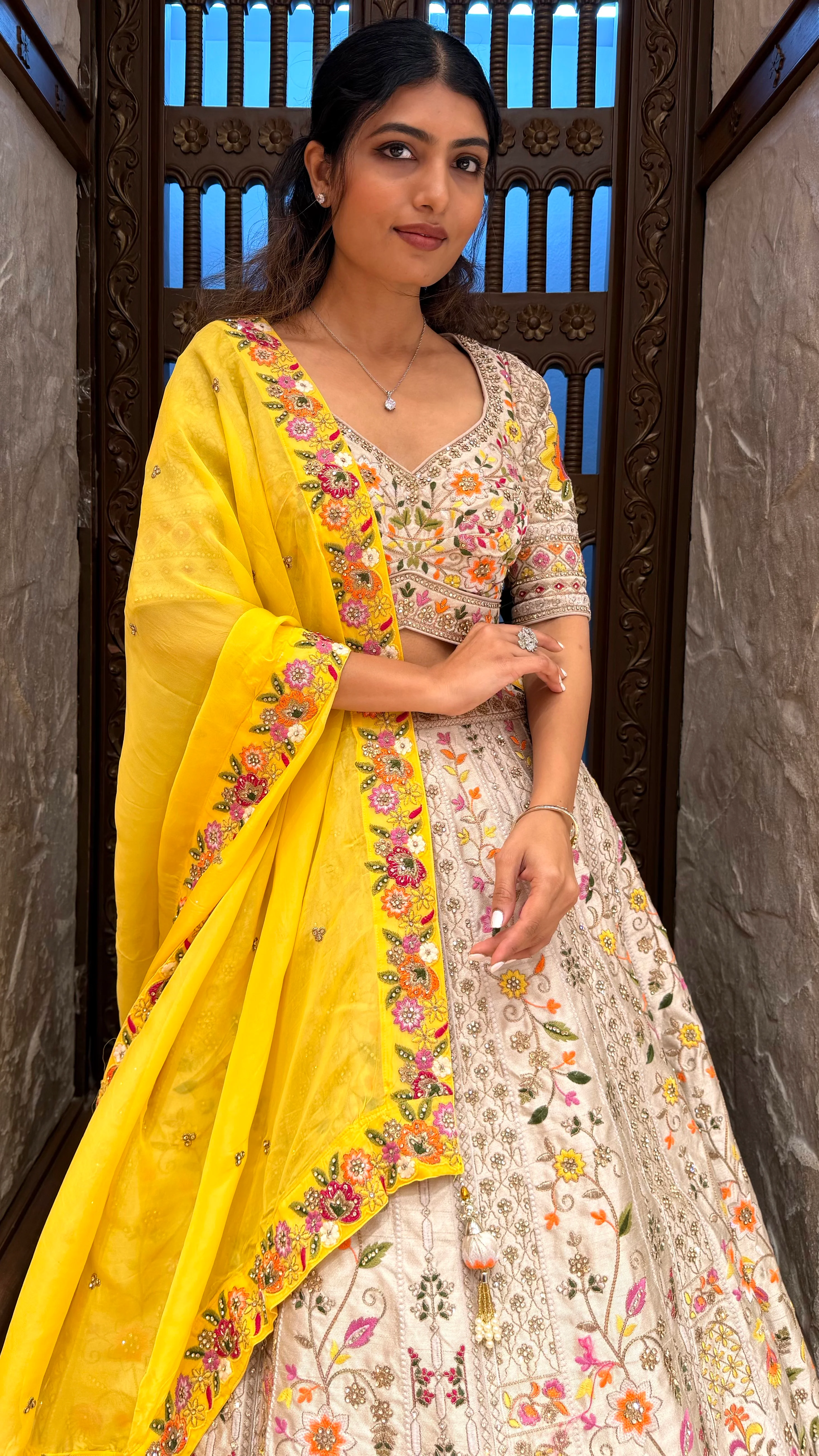 Ivory Floral Embroidered Lehenga Set with Yellow Dupatta - Image 7