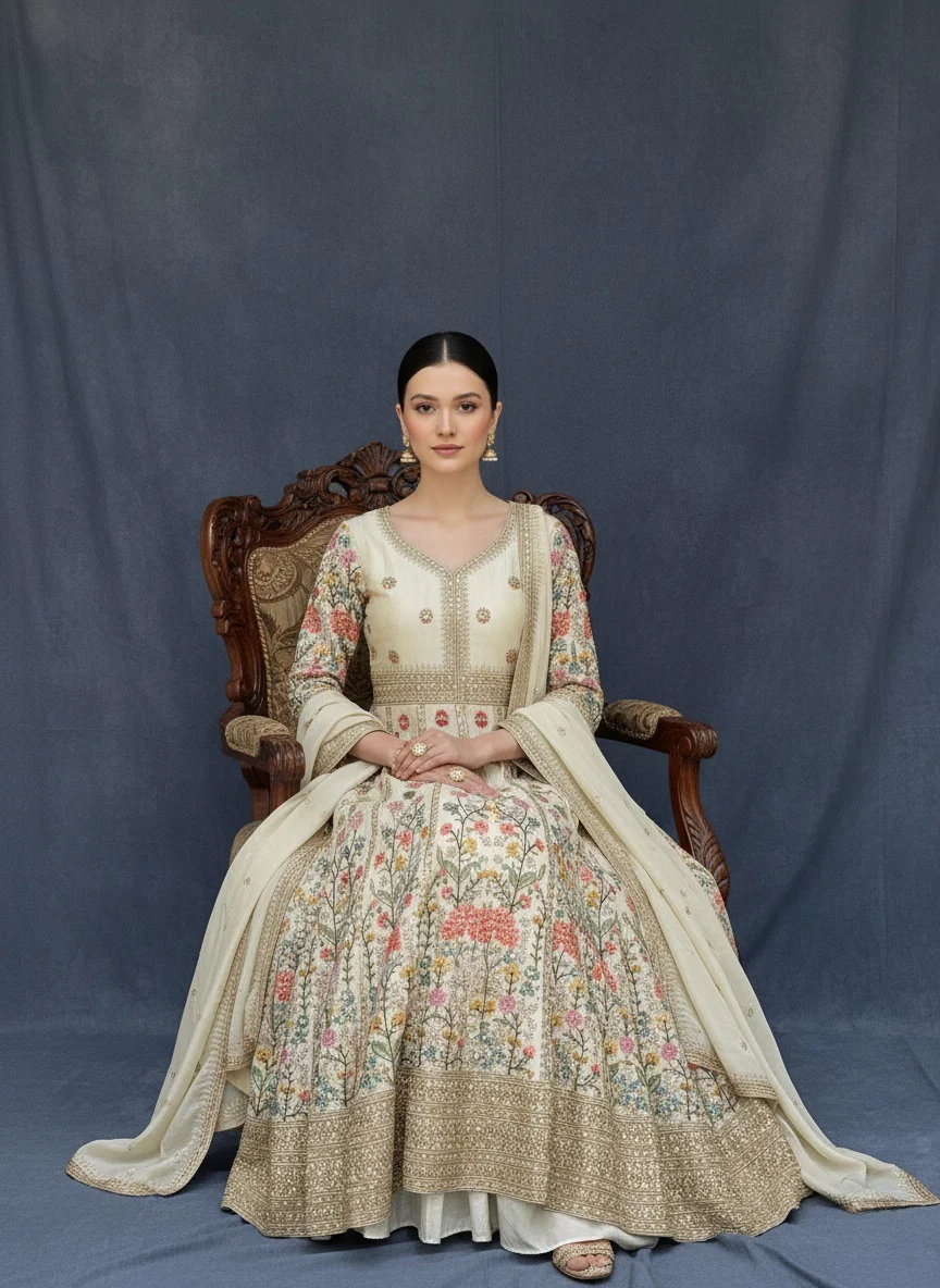 Ivory Floral Printed Anarkali Gown with Traditional Border Work - Image 3