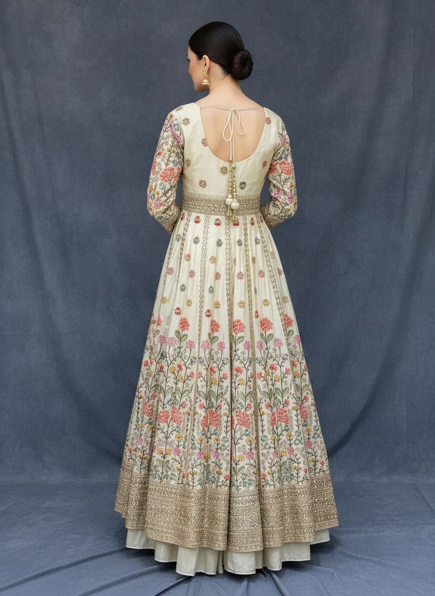 Ivory Floral Printed Anarkali Gown with Traditional Border Work - Image 4