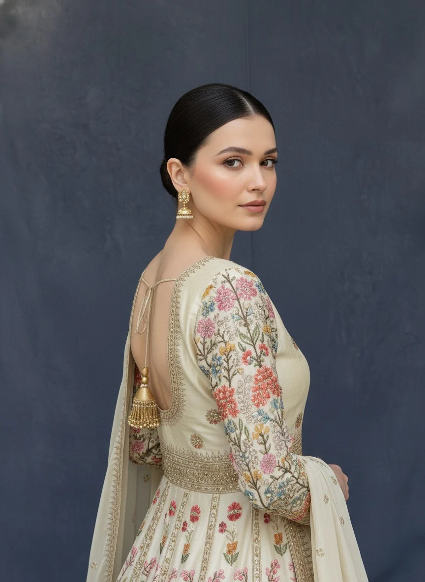 Ivory Floral Printed Anarkali Gown with Traditional Border Work - Image 5