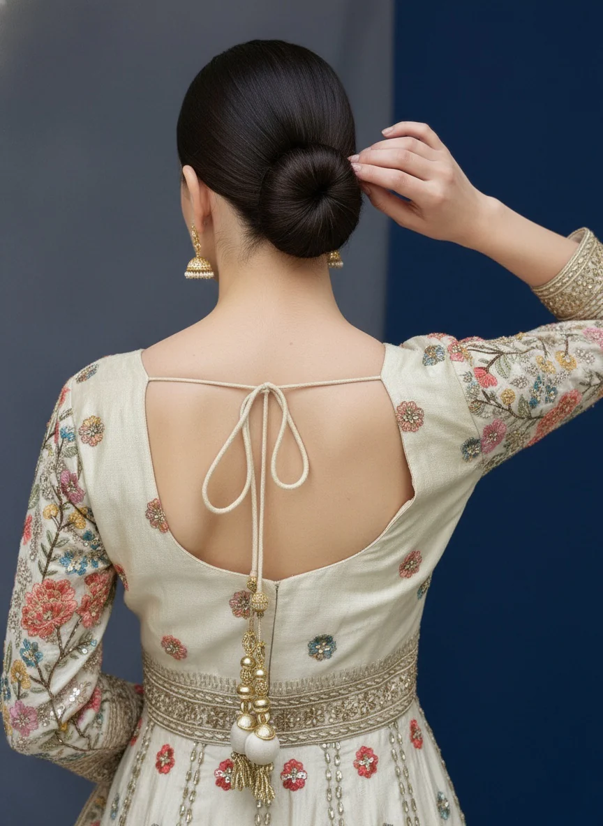 Ivory Floral Printed Anarkali Gown with Traditional Border Work - Image 6