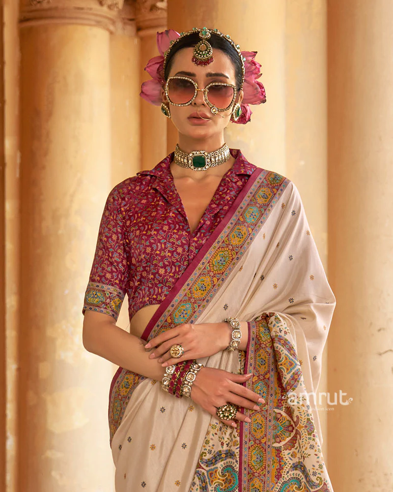 Ivory Floral Printed Border Saree with Unstitched Blouse - Image 2