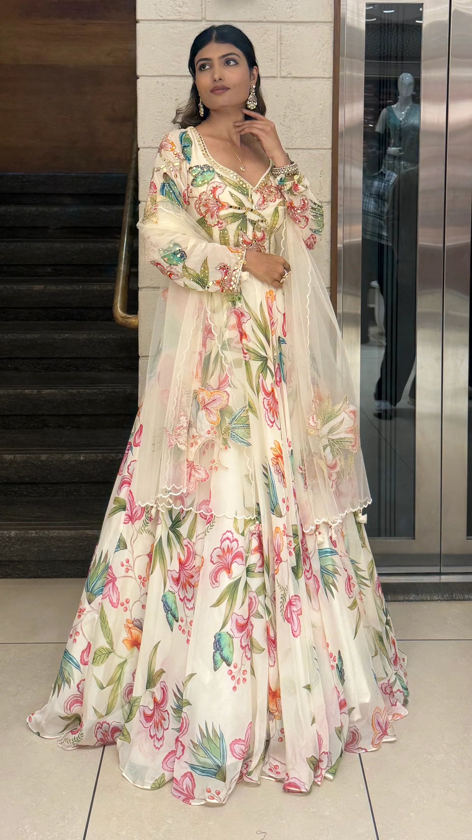 Ivory Floral Printed Designer Gown with Embroidered Bodice & Sheer Net Dupatta - Image 3