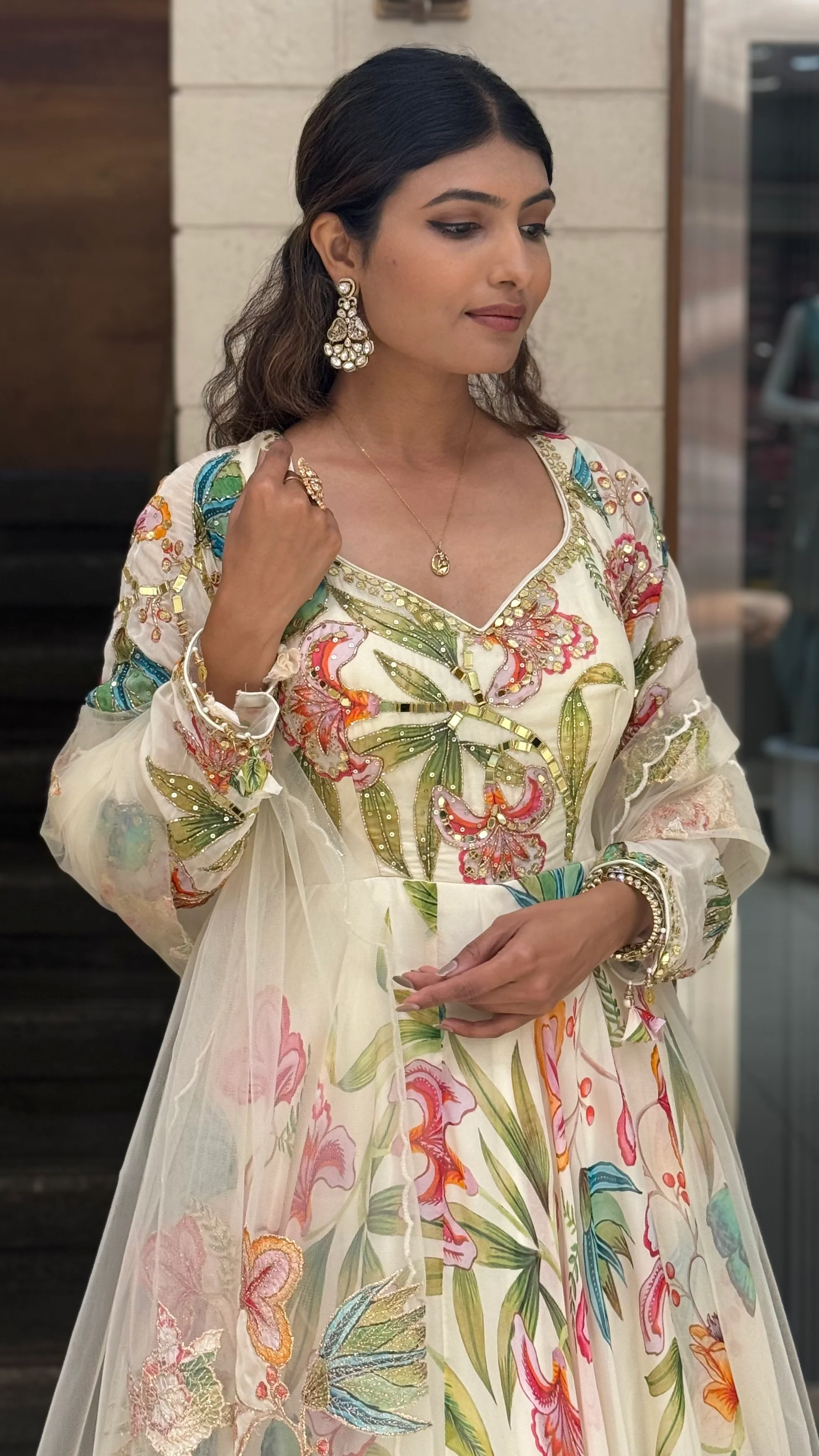 Ivory Floral Printed Designer Gown with Embroidered Bodice & Sheer Net Dupatta - Image 4
