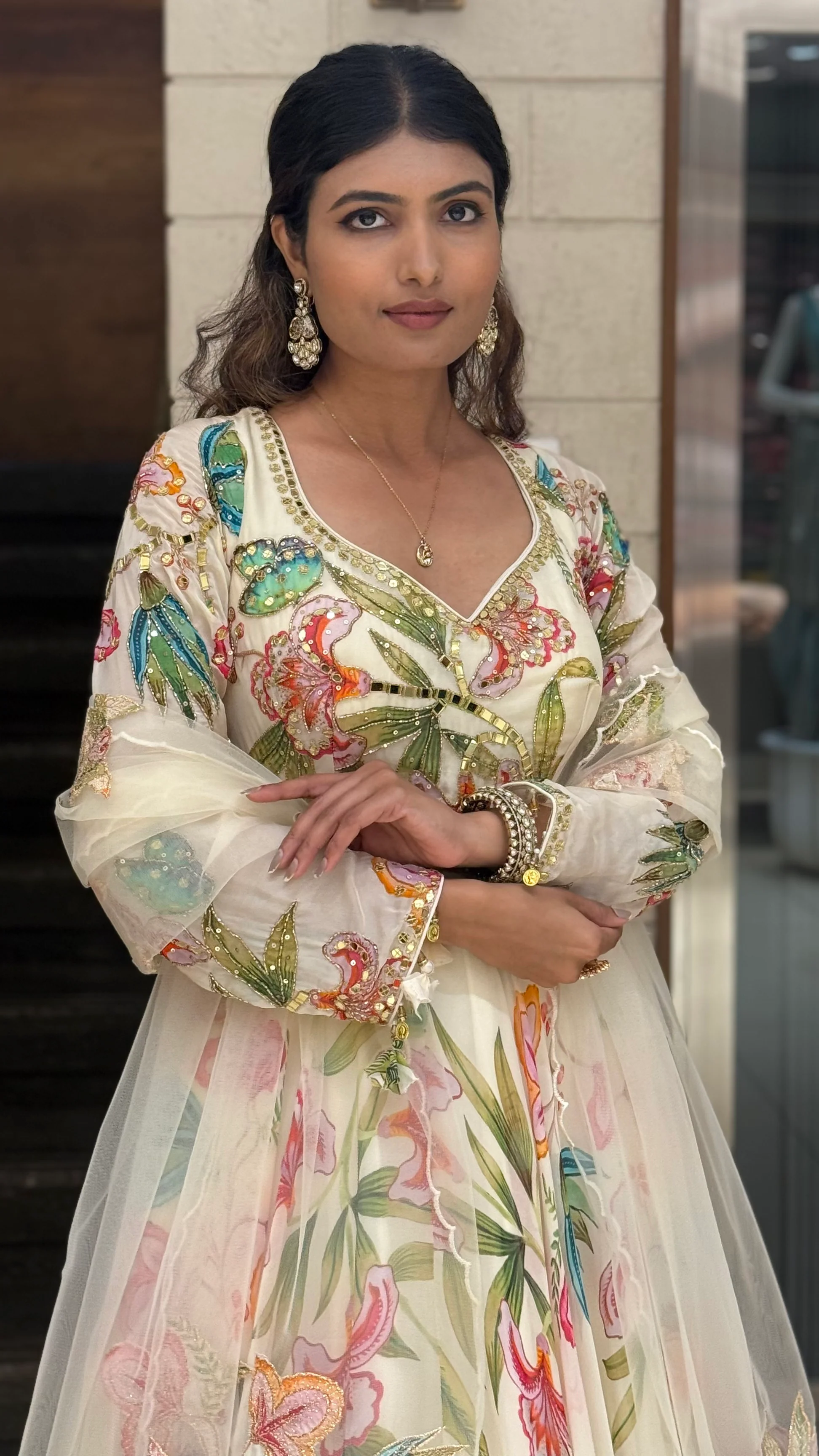 Ivory Floral Printed Designer Gown with Embroidered Bodice & Sheer Net Dupatta - Image 5