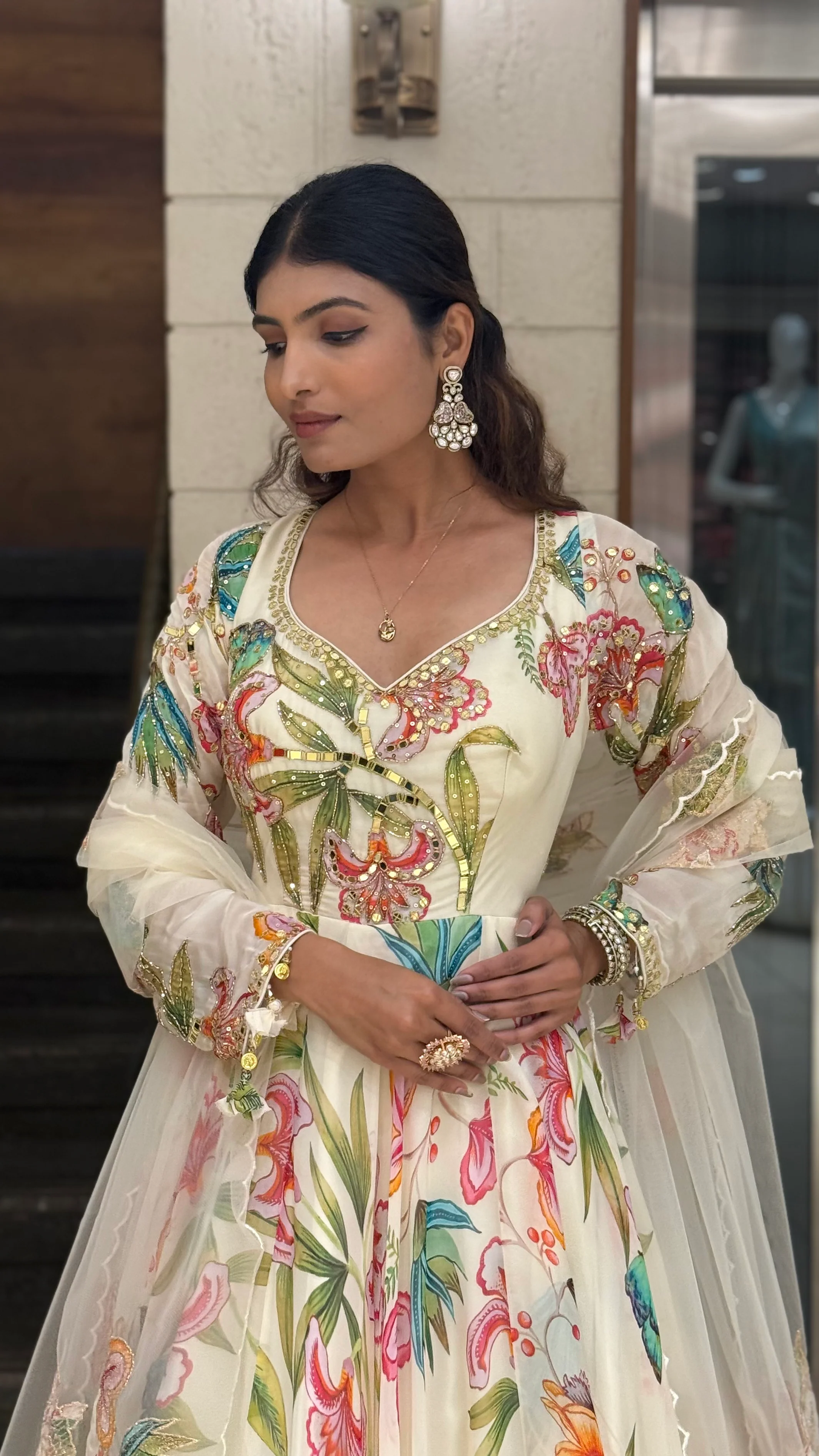 Ivory Floral Printed Designer Gown with Embroidered Bodice & Sheer Net Dupatta - Image 6