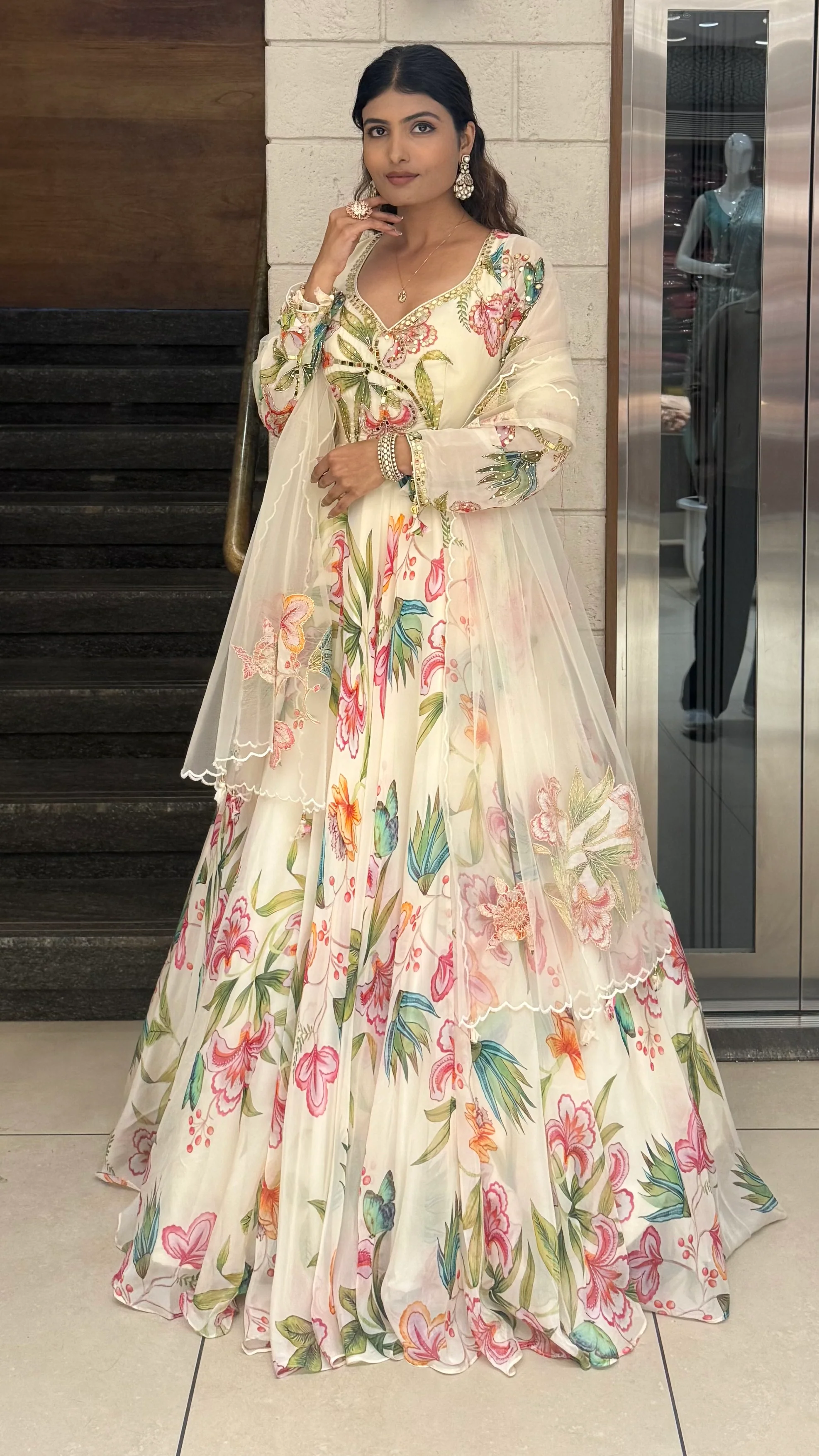 Ivory Floral Printed Designer Gown with Embroidered Bodice & Sheer Net Dupatta - Image 7