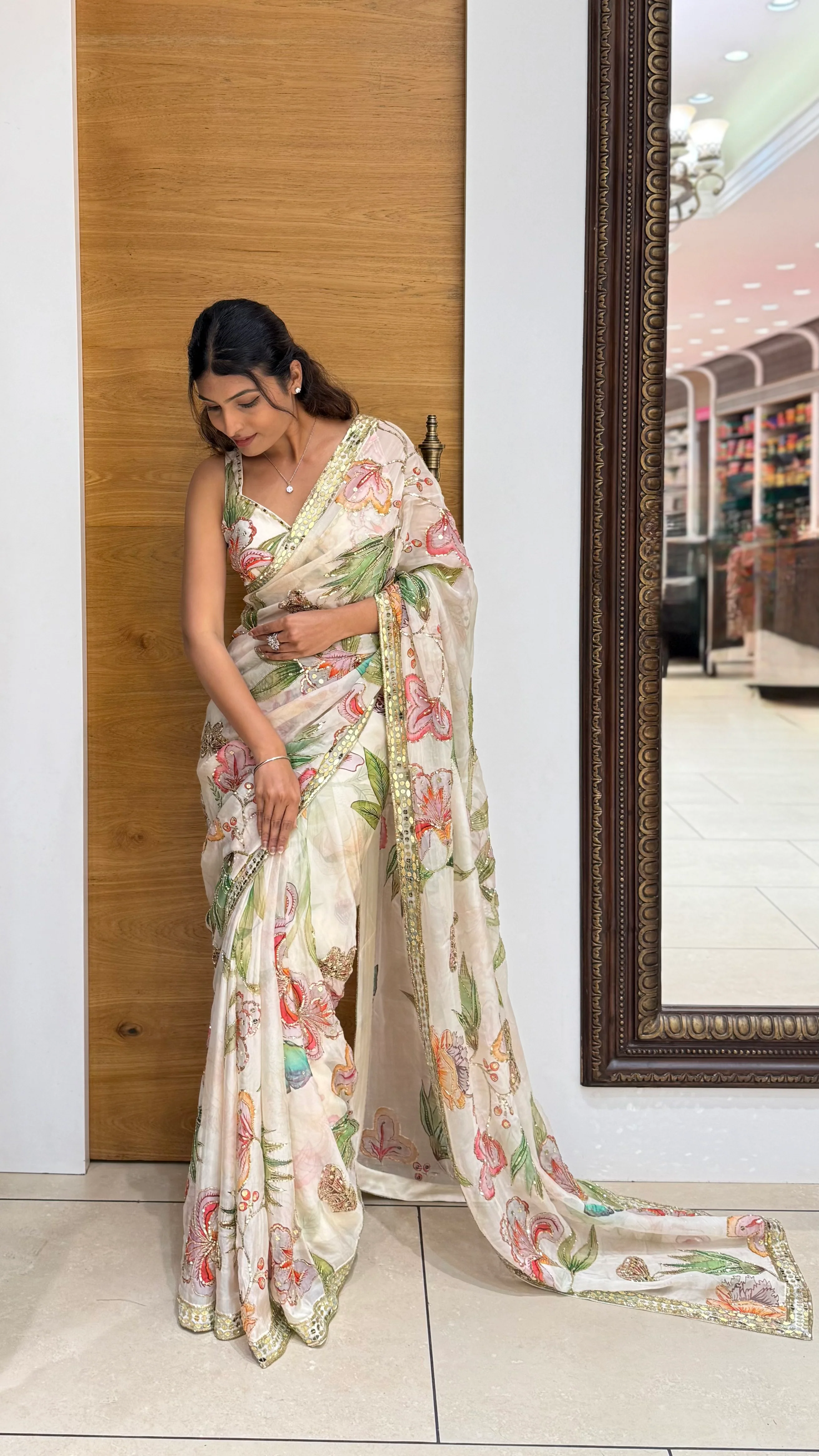 Ivory Floral Printed Designer Saree with Embellished Border - Image 3