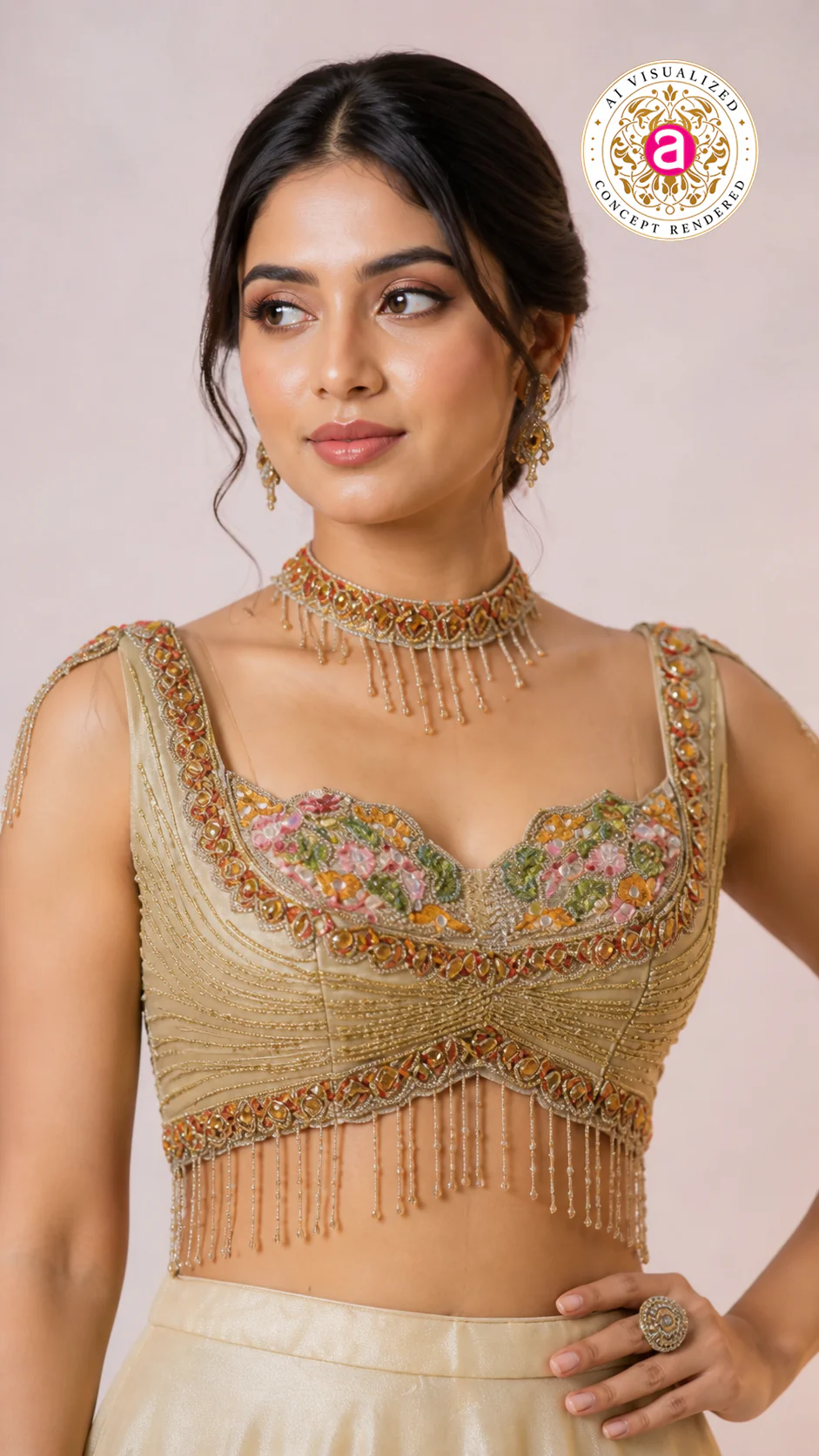 Ivory Floral Printed Lehenga Choli with Embellished Bustier Blouse - Image 2