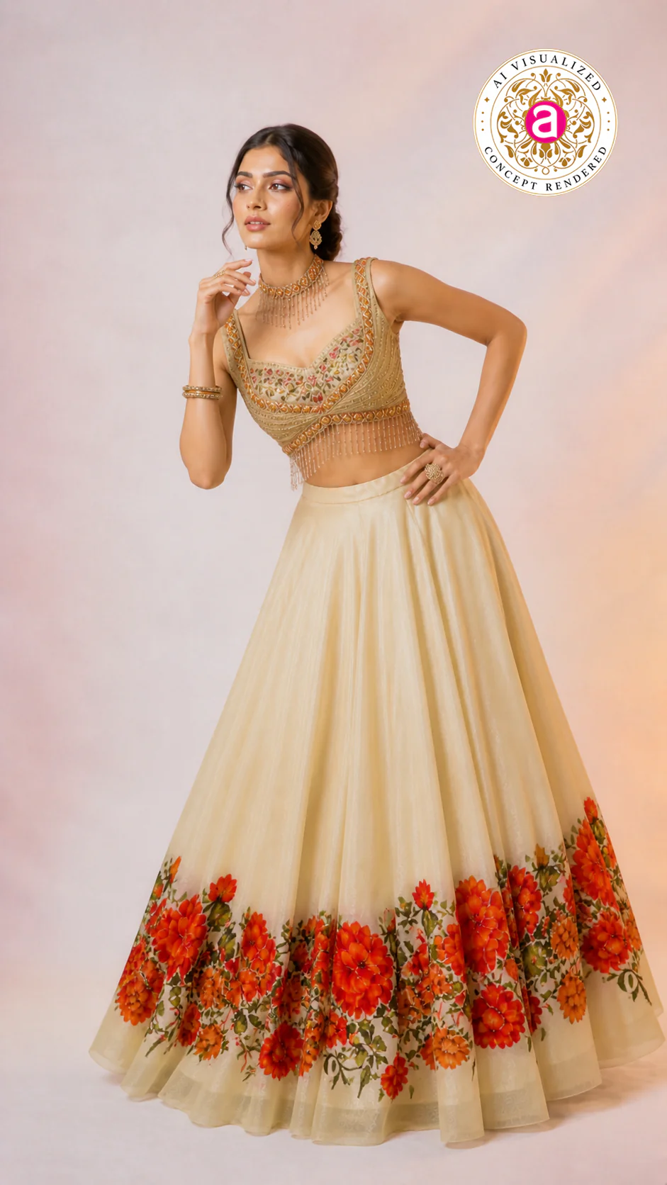 Ivory Floral Printed Lehenga Choli with Embellished Bustier Blouse - Image 3