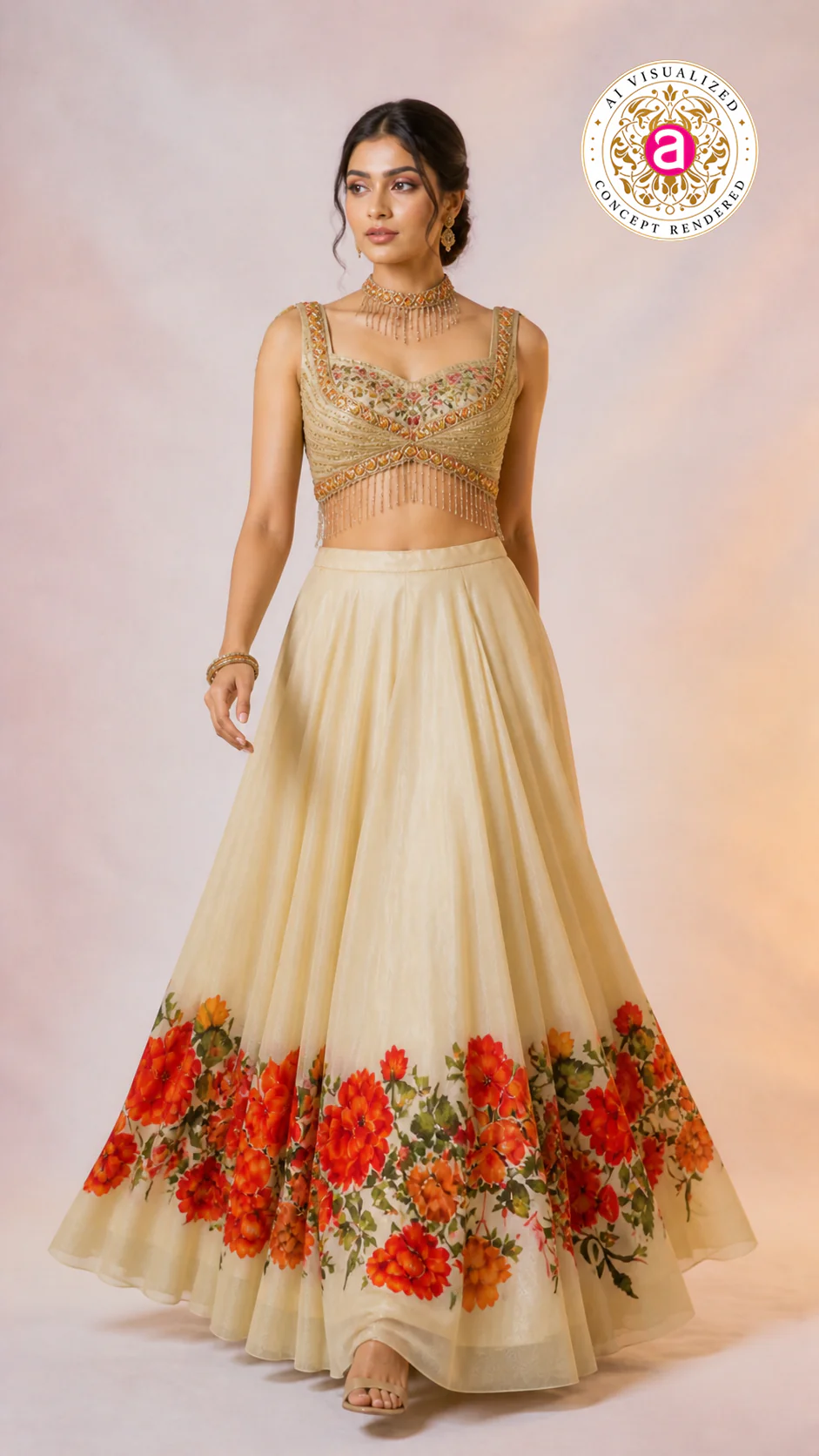 Ivory Floral Printed Lehenga Choli with Embellished Bustier Blouse - Image 4