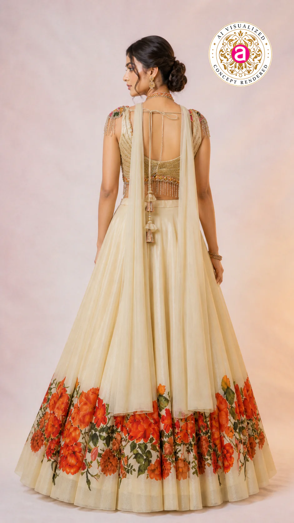 Ivory Floral Printed Lehenga Choli with Embellished Bustier Blouse - Image 5