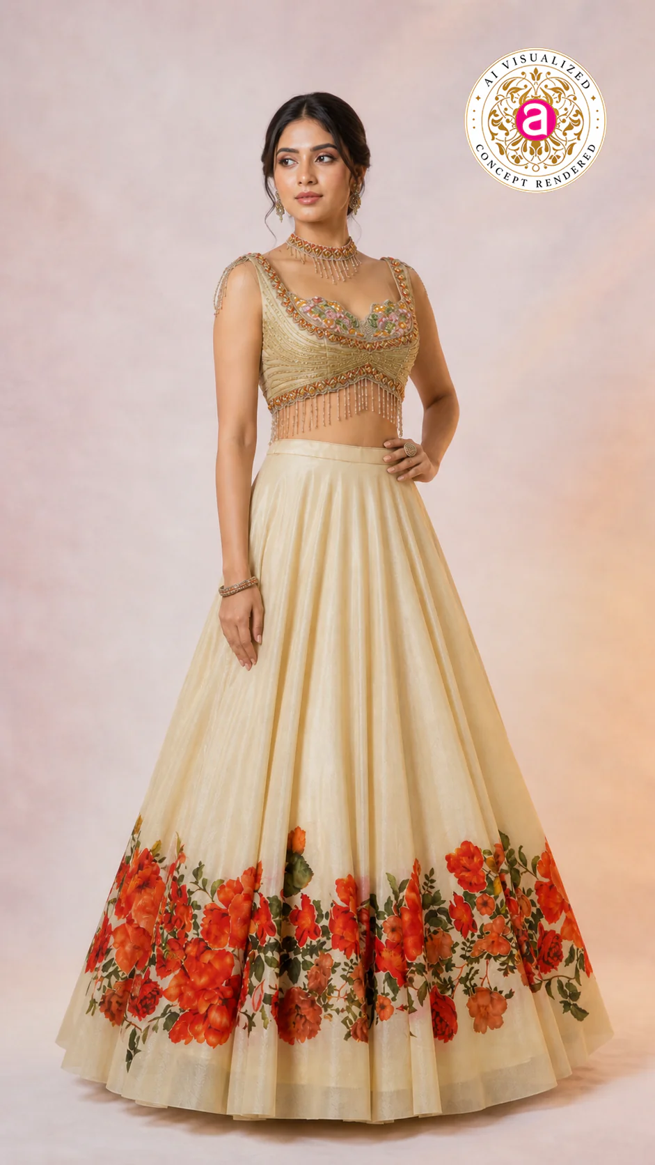Ivory Floral Printed Lehenga Choli with Embellished Bustier Blouse - Image 7