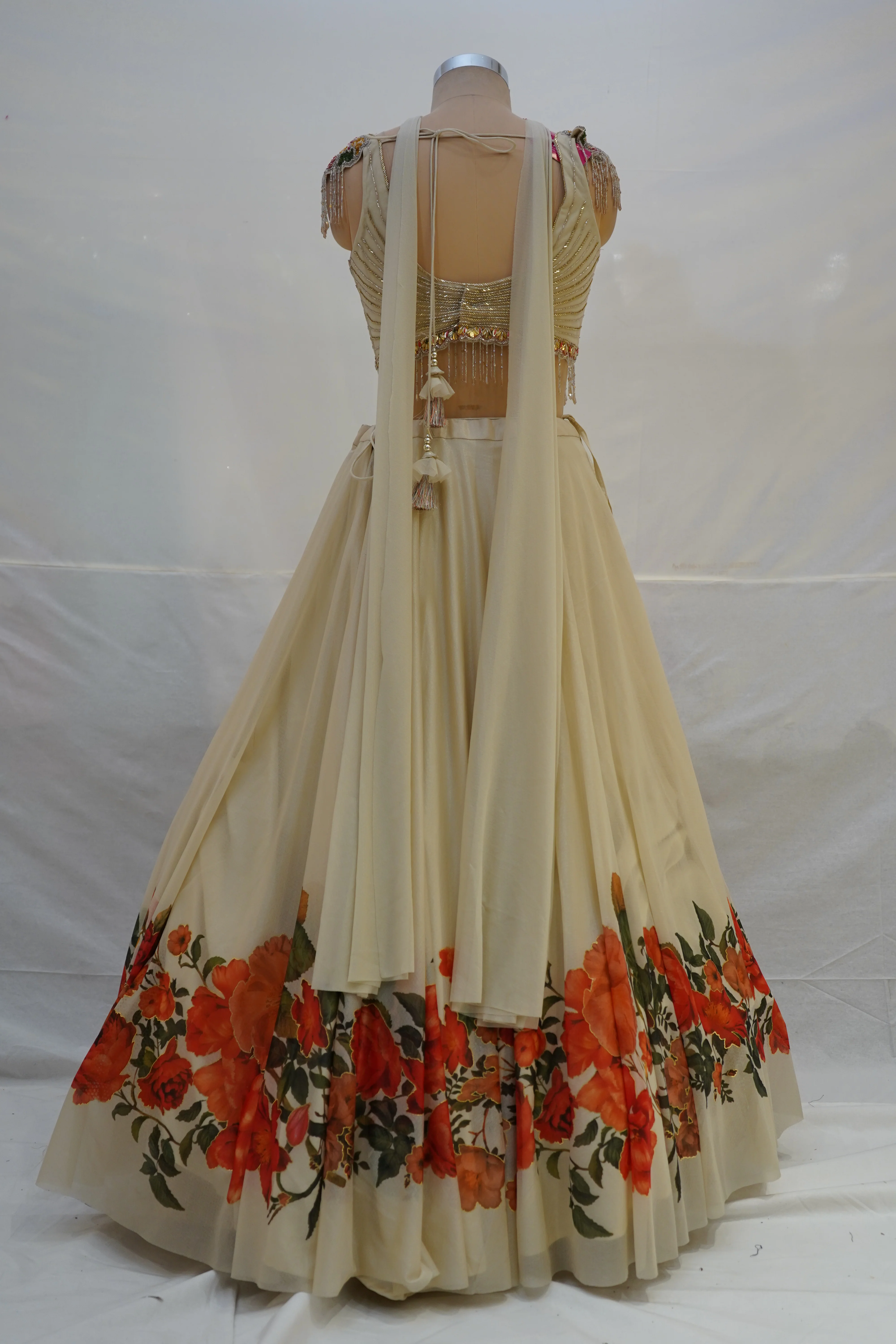 Ivory Floral Printed Lehenga Choli with Embellished Bustier Blouse - Image 8
