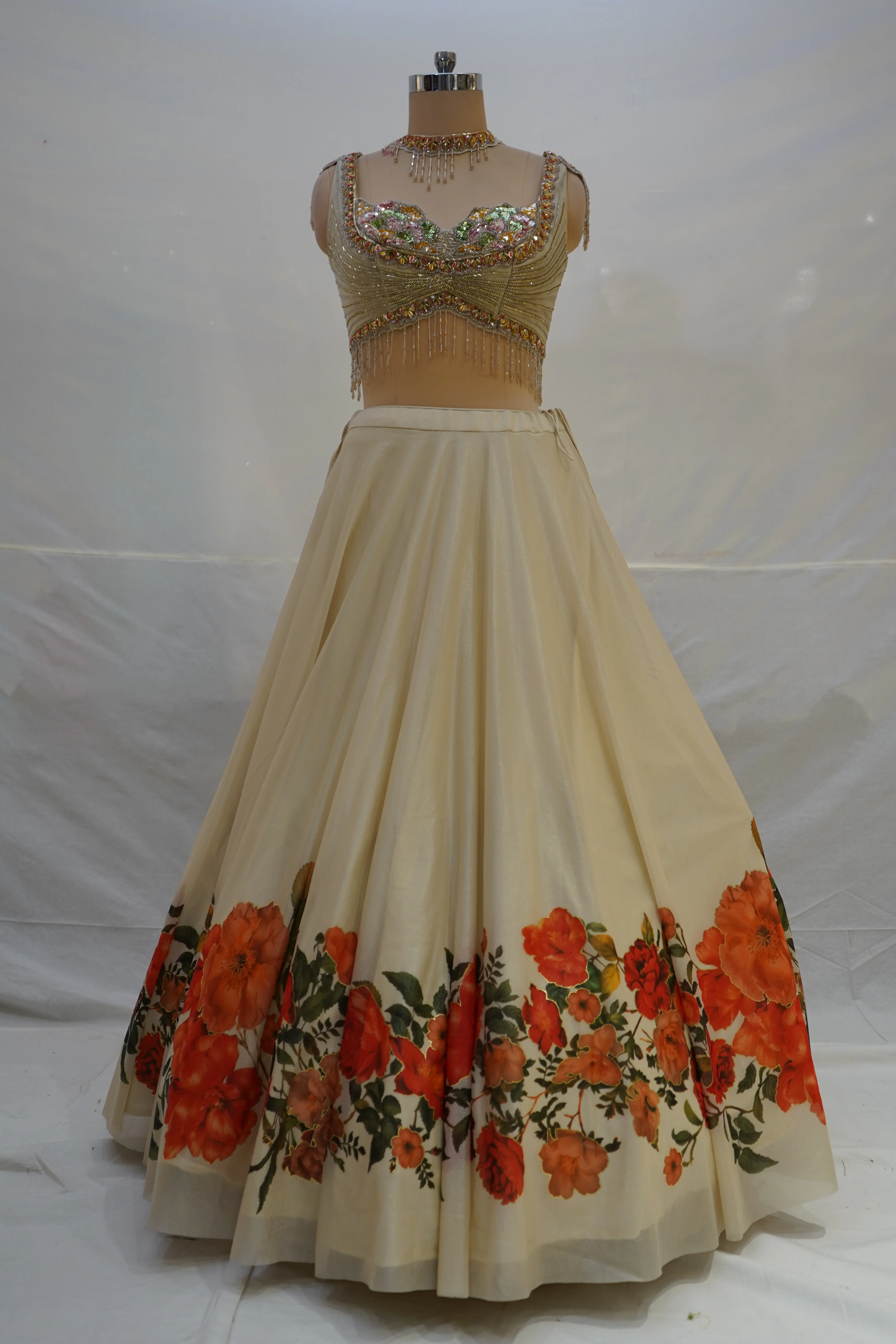 Ivory Floral Printed Lehenga Choli with Embellished Bustier Blouse - Image 9