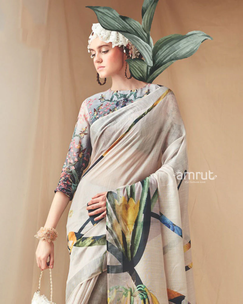Ivory Floral Printed Saree with Unstitched Blouse - Image 2