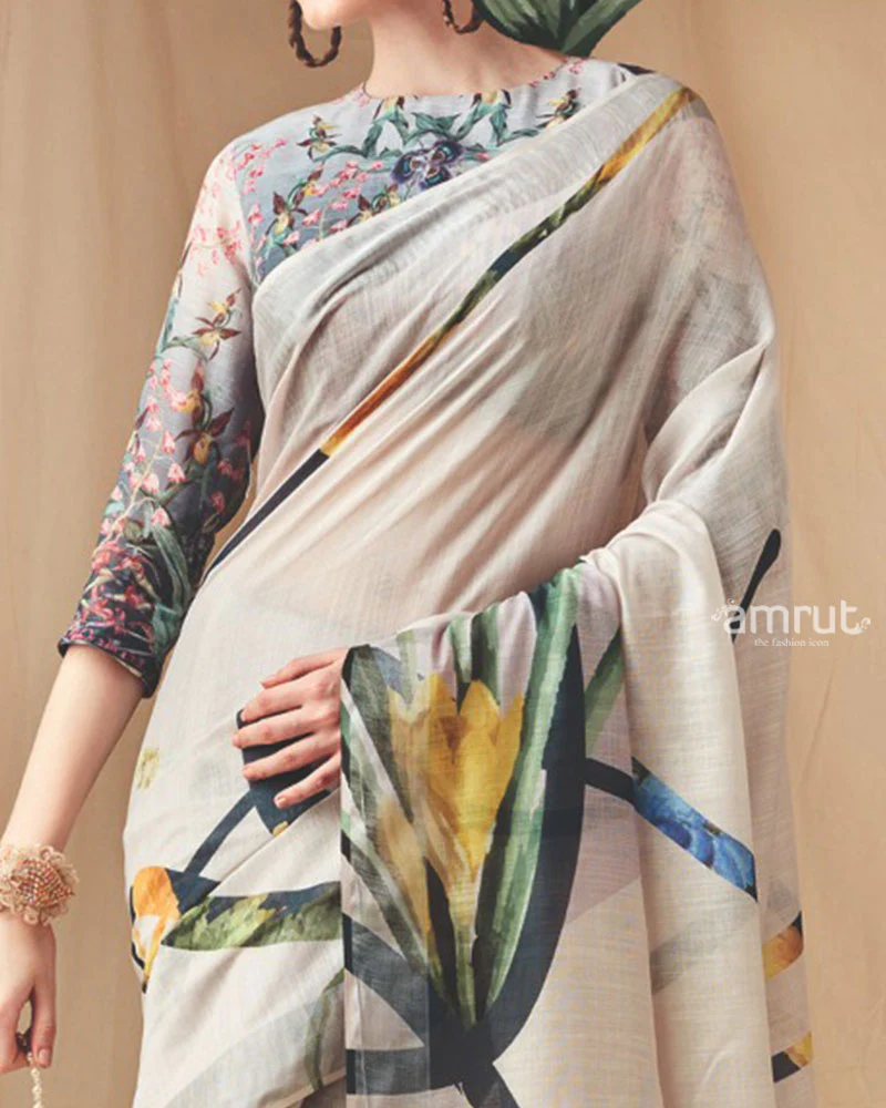 Ivory Floral Printed Saree with Unstitched Blouse - Image 3