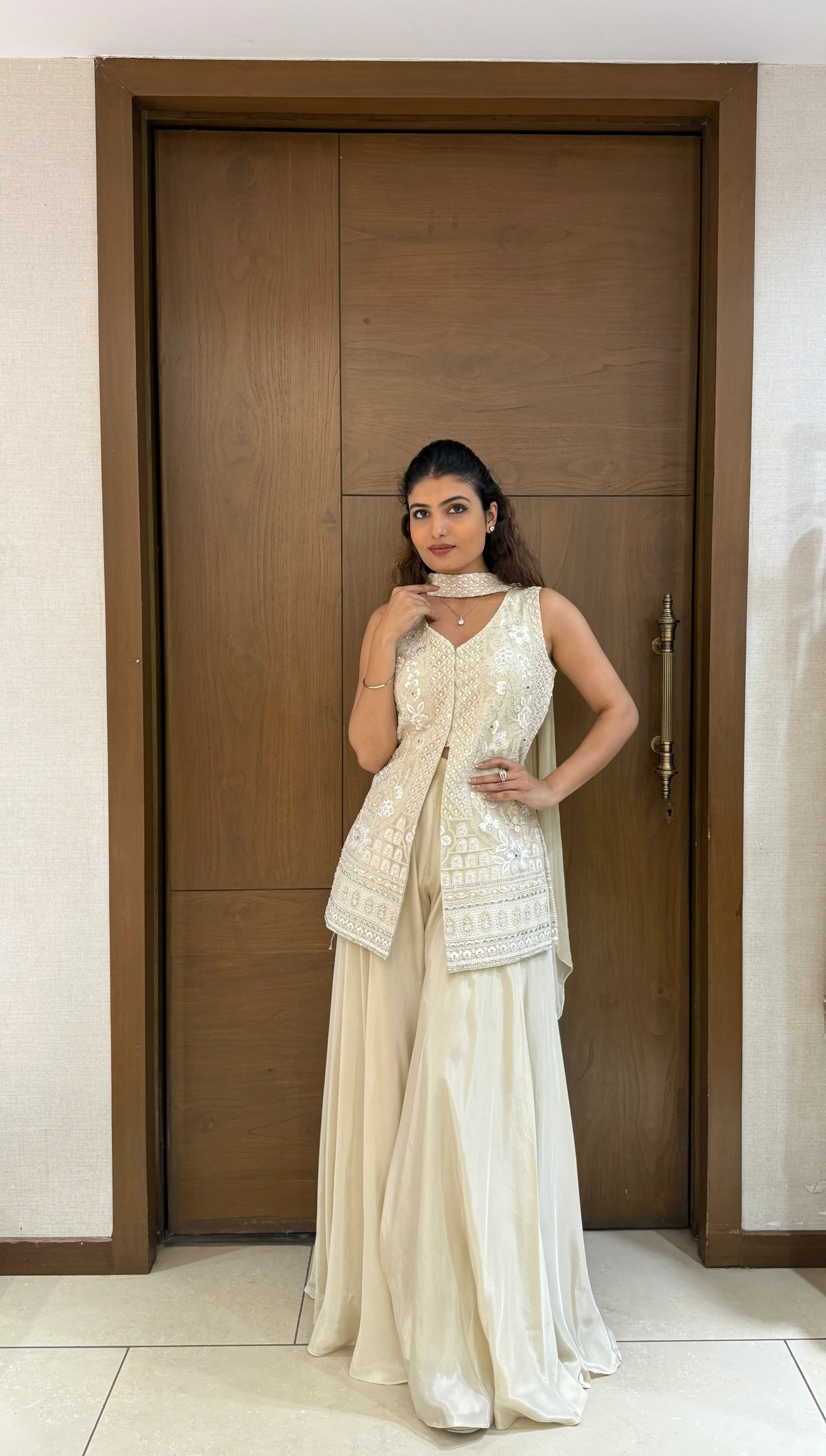 Ivory Georgette Embroidered Sharara Set with Jacket & Dupatta - Image 3