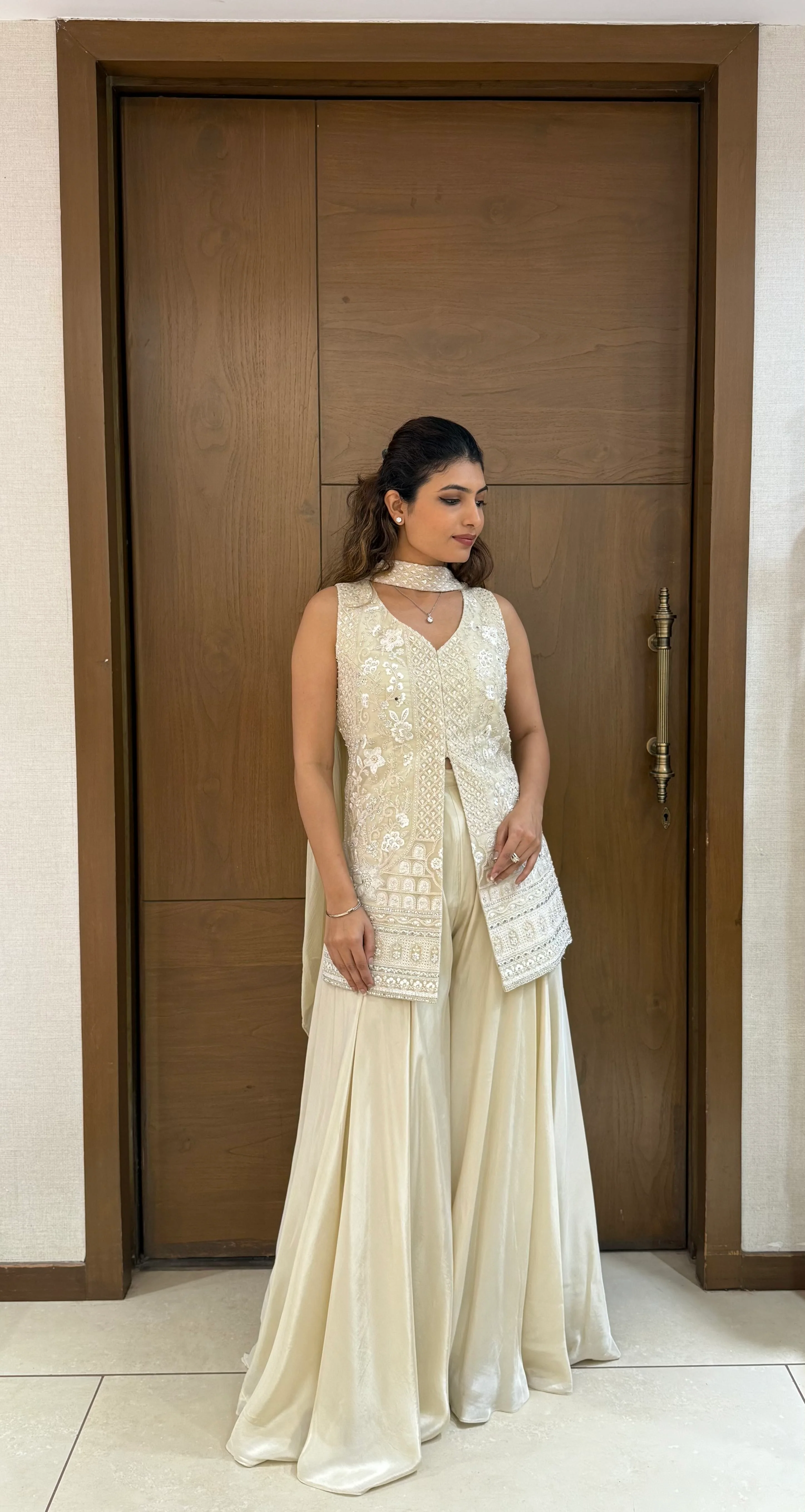 Ivory Georgette Embroidered Sharara Set with Jacket & Dupatta - Image 4