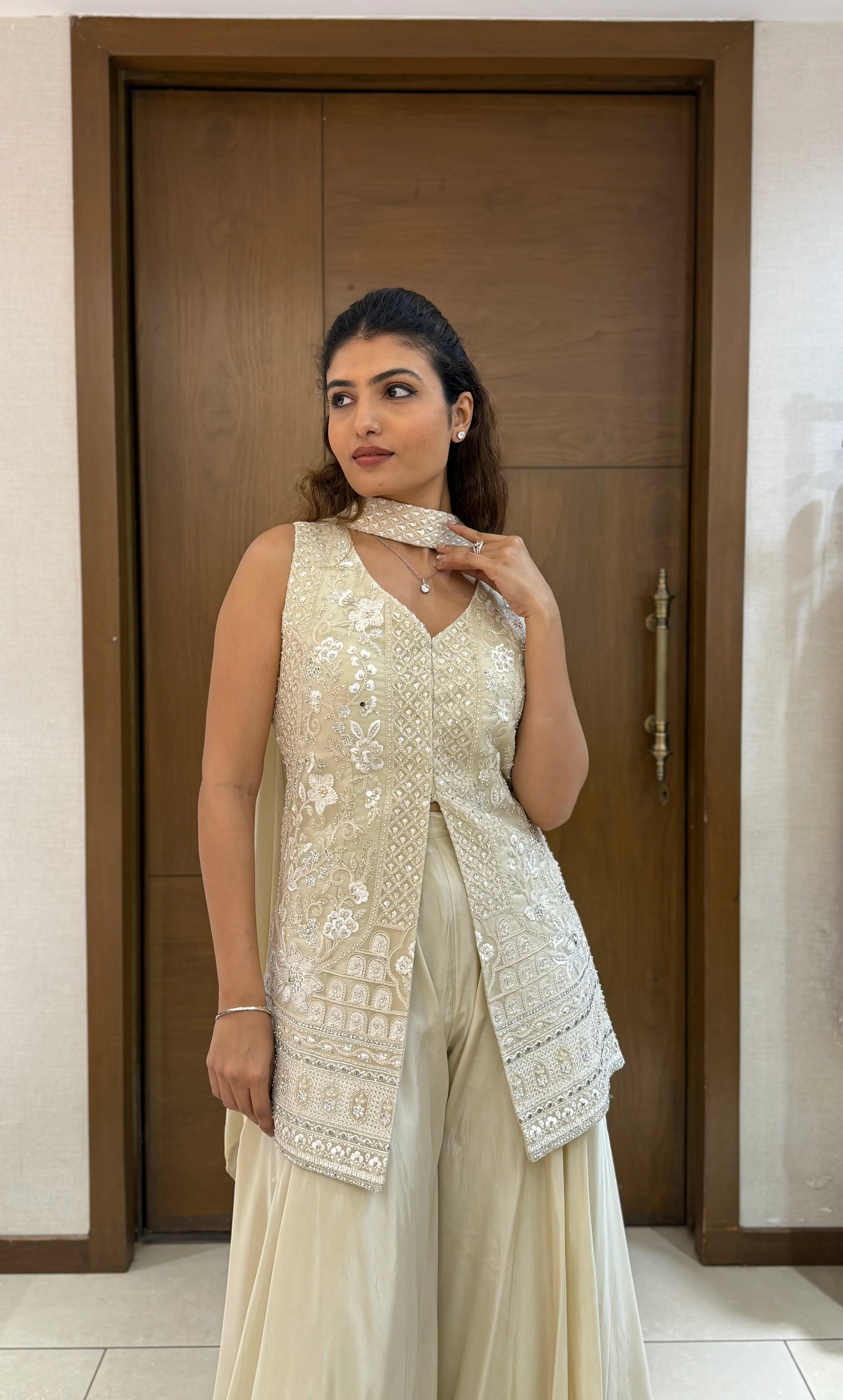 Ivory Georgette Embroidered Sharara Set with Jacket & Dupatta - Image 5