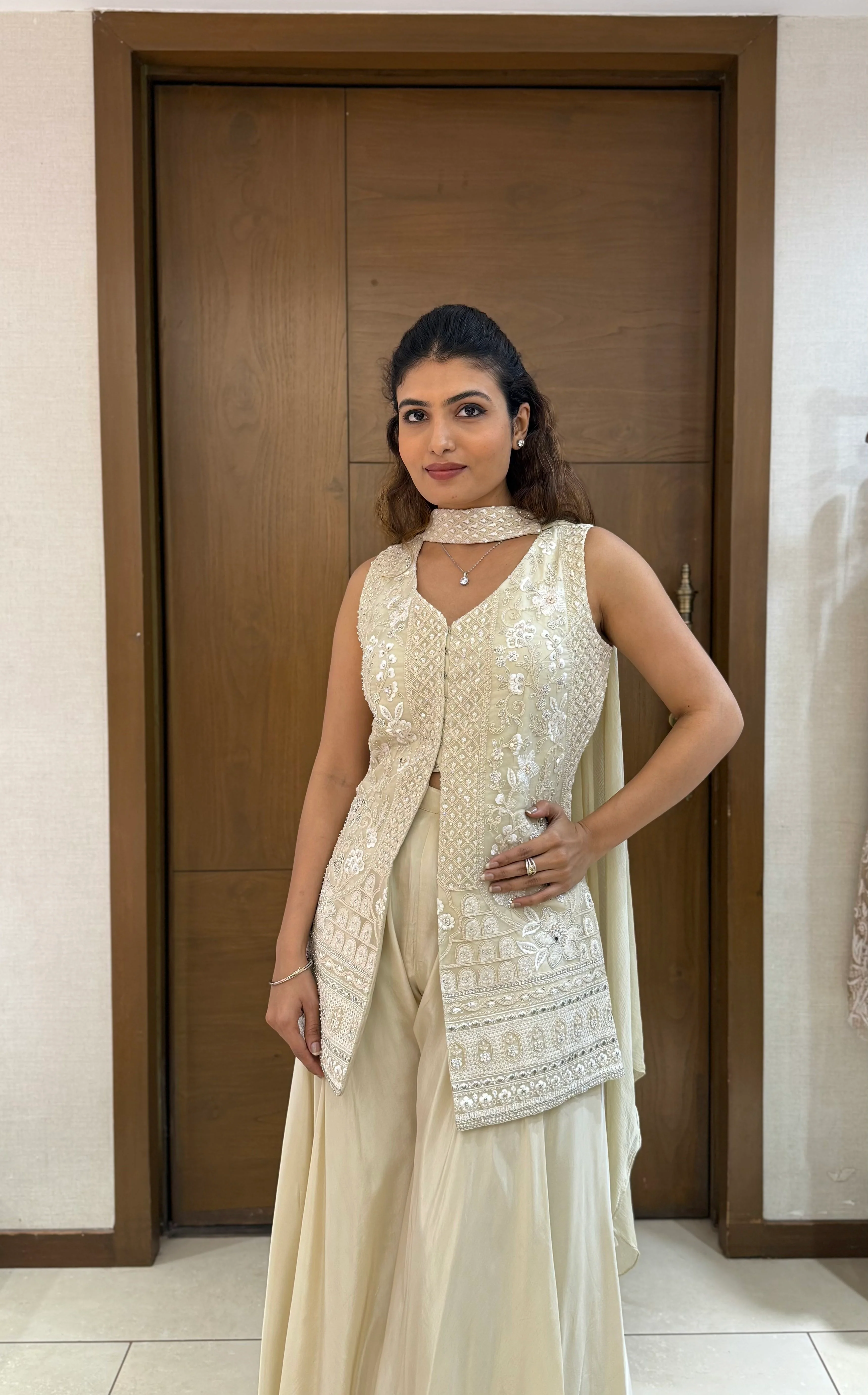 Ivory Georgette Embroidered Sharara Set with Jacket & Dupatta - Image 6