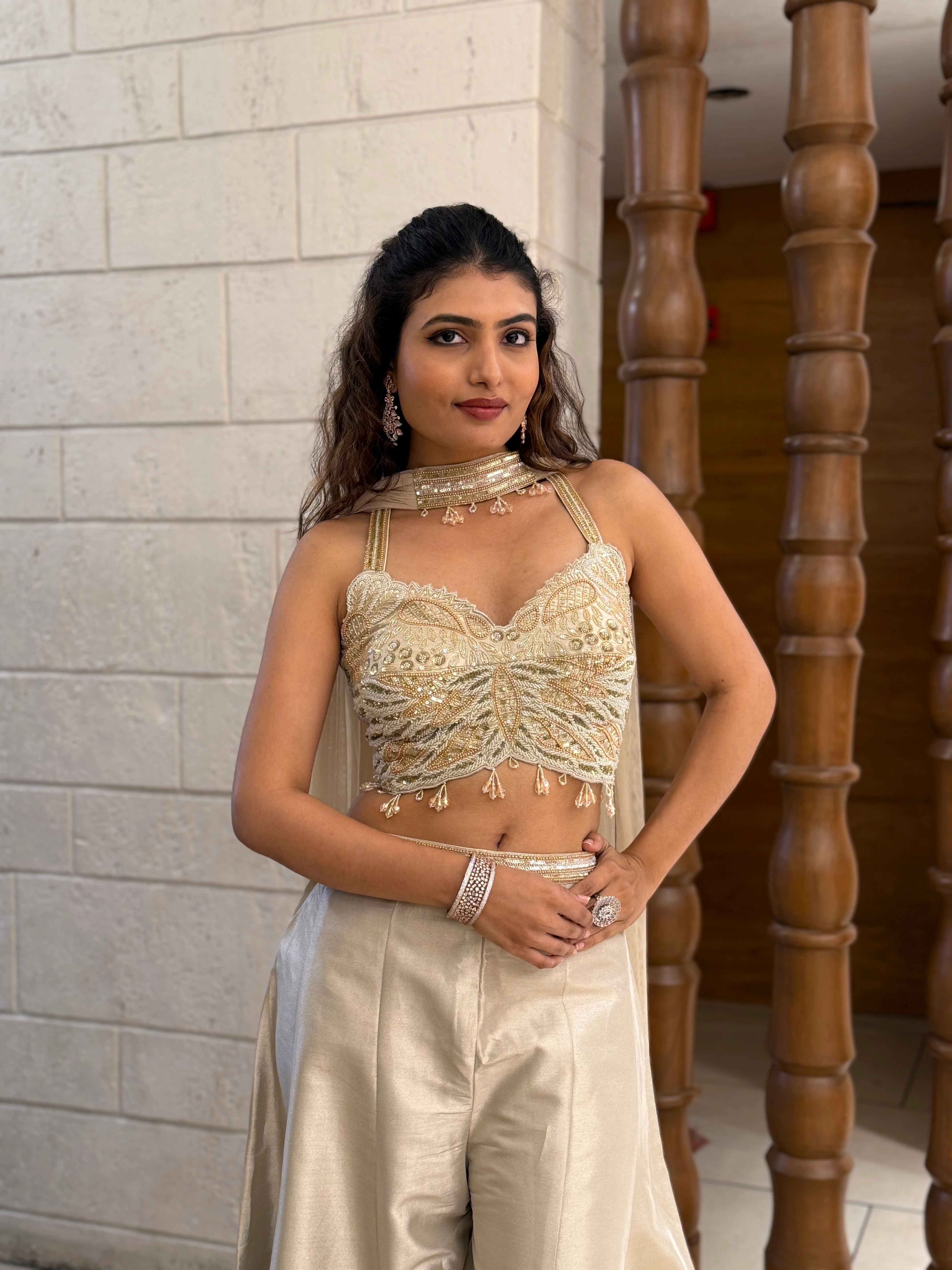 Ivory Gold Embroidered Corset Palazzo Set with Organza Cape Indo-Western Glam - Image 2