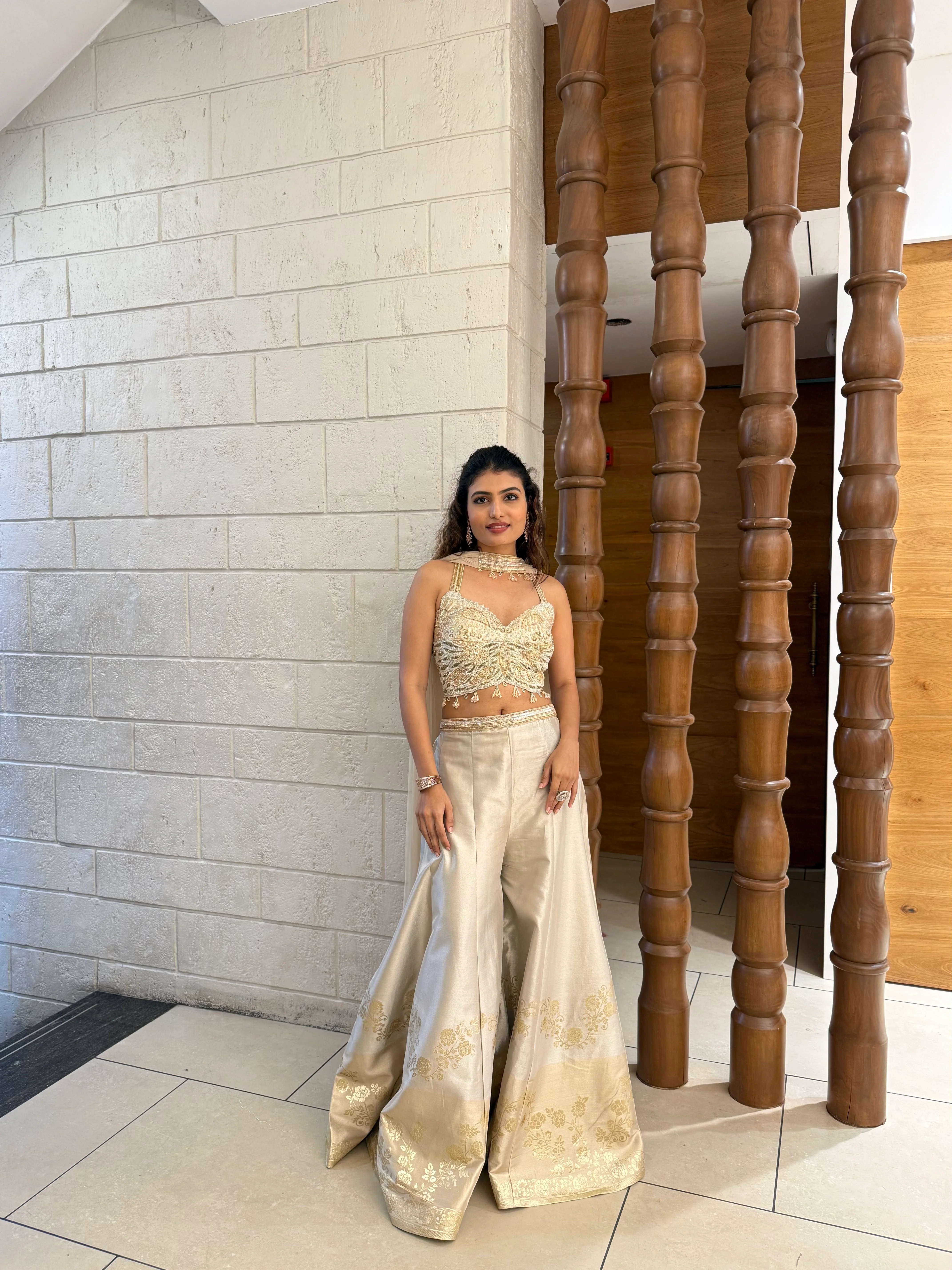 Ivory Gold Embroidered Corset Palazzo Set with Organza Cape Indo-Western Glam - Image 3